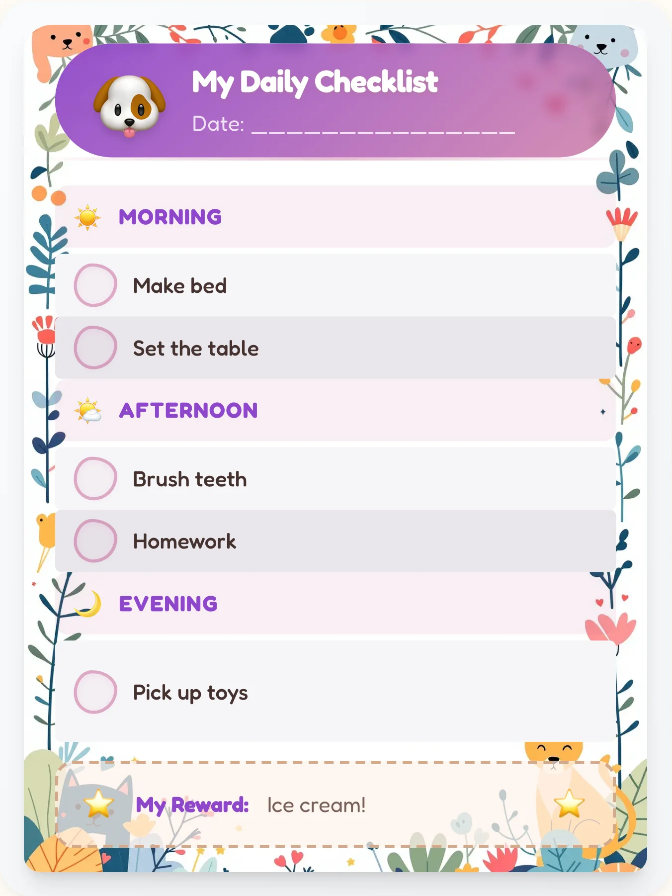Tranquil Pets Daily Planner - printable pets chore chart