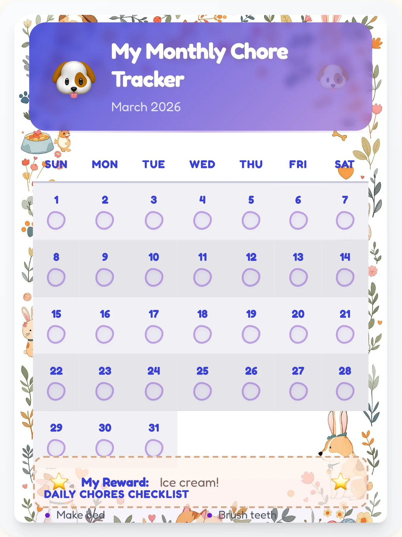 Natural Pets Monthly Grid - printable pets chore chart