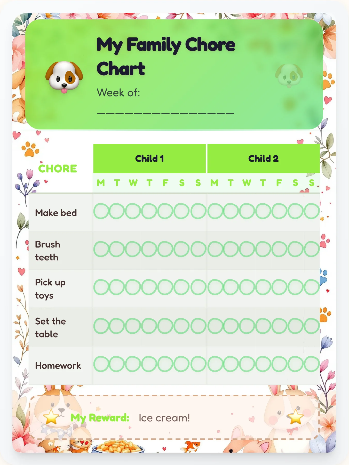 Quiet Pets Team Chart - printable pets chore chart