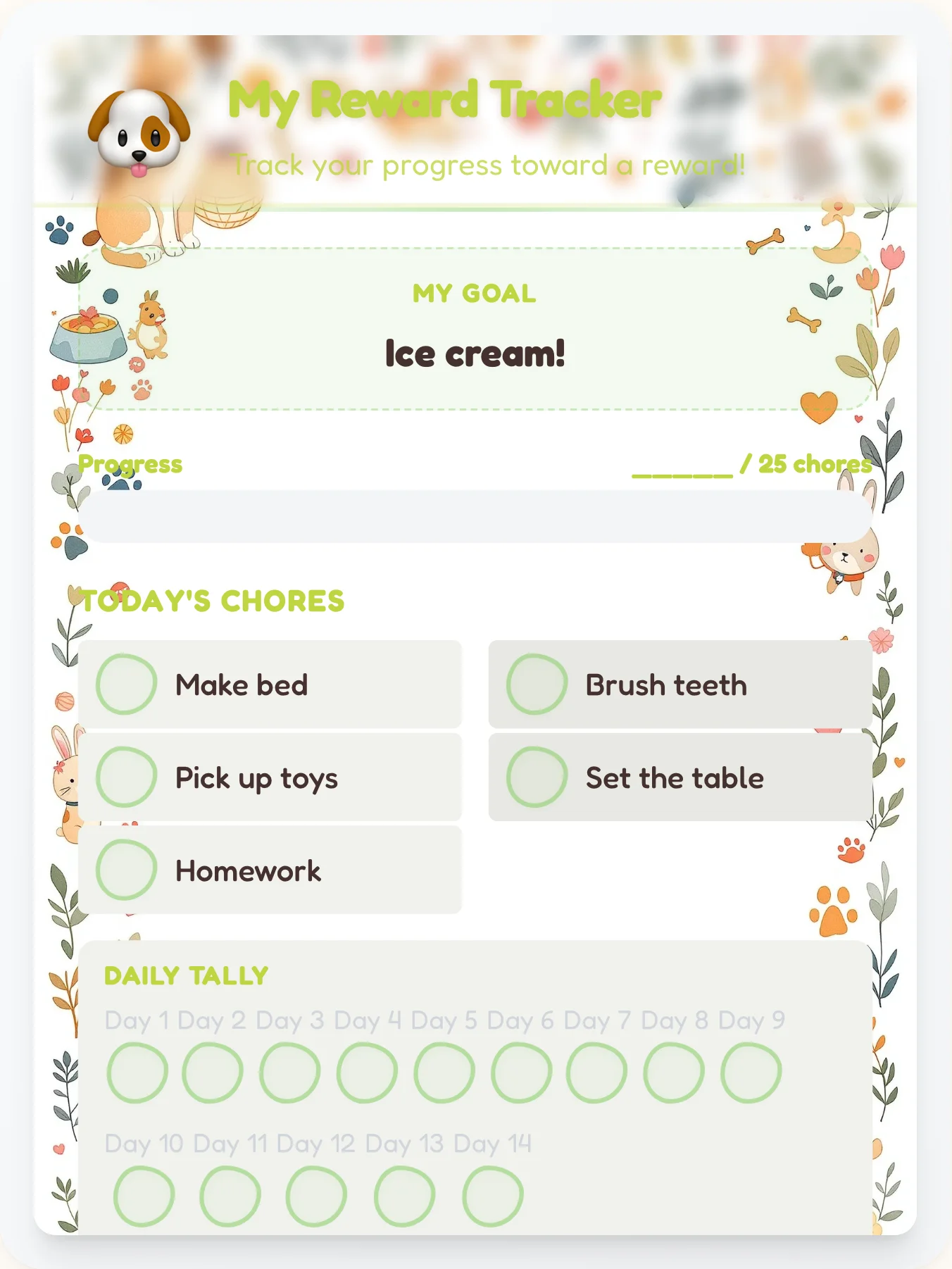 Misty Pets Points Tracker - printable pets chore chart