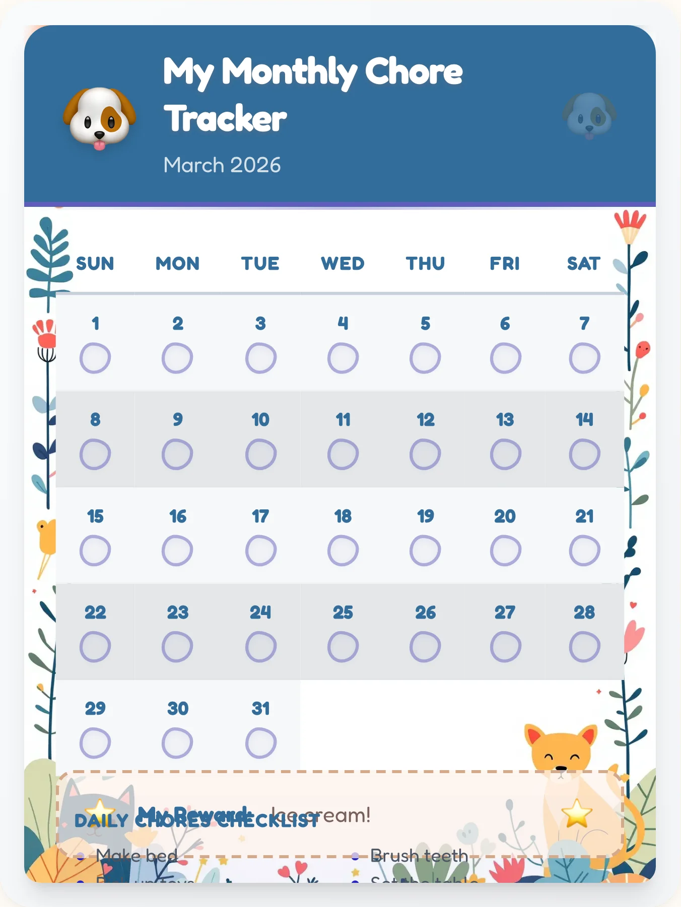 Joyful Pets Monthly Planner - printable pets chore chart