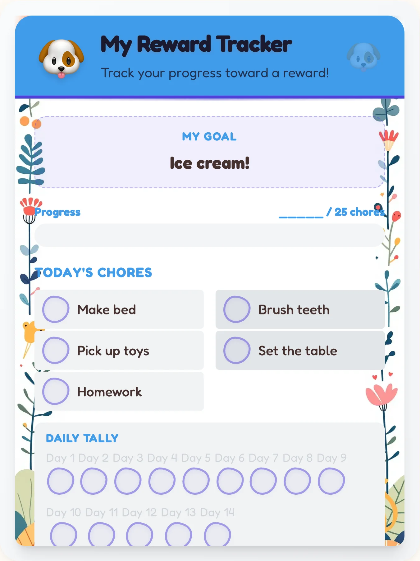 Kind Pets Reward Board - printable pets chore chart