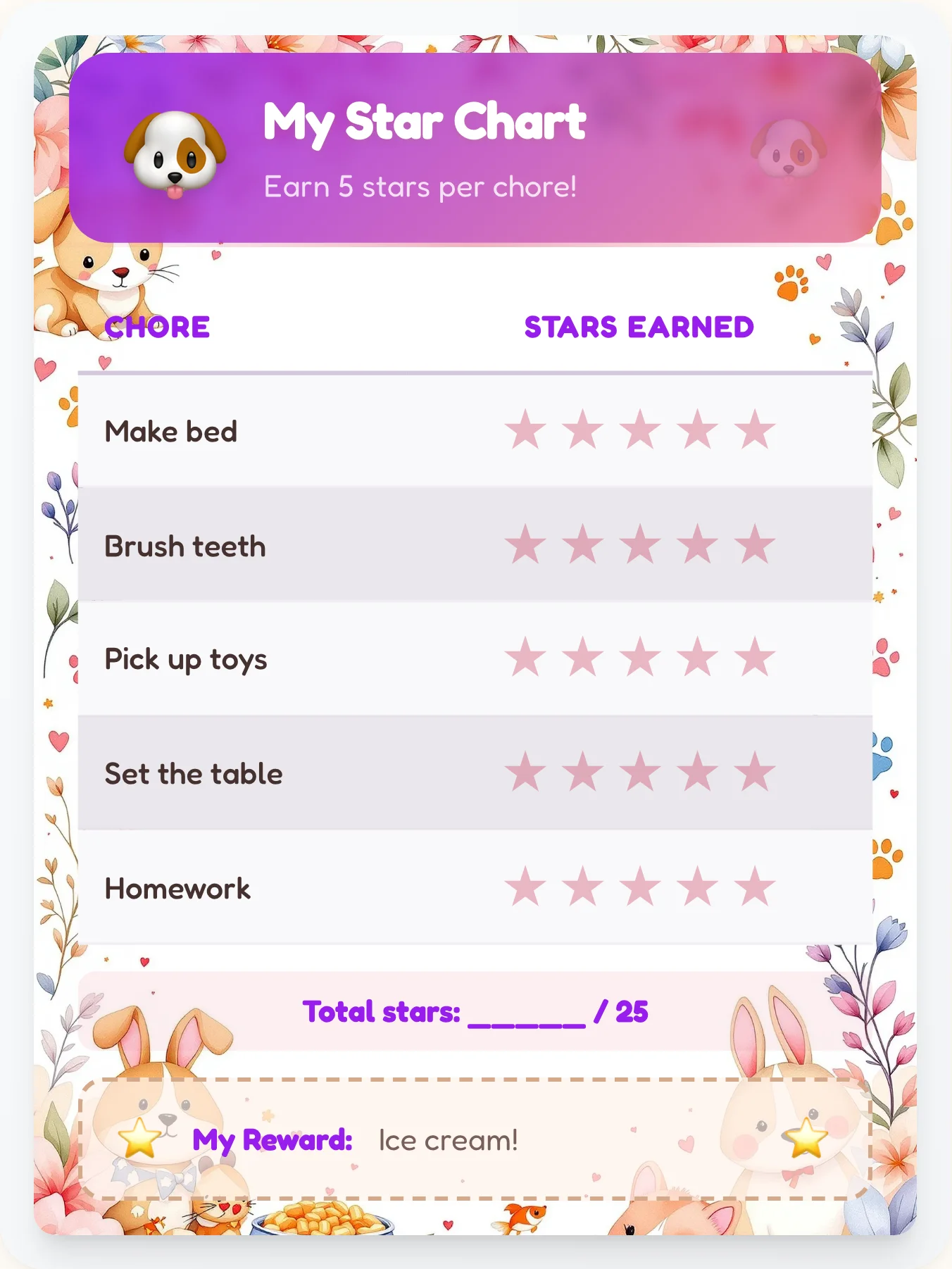 Tranquil Pets Star Chart - printable pets chore chart