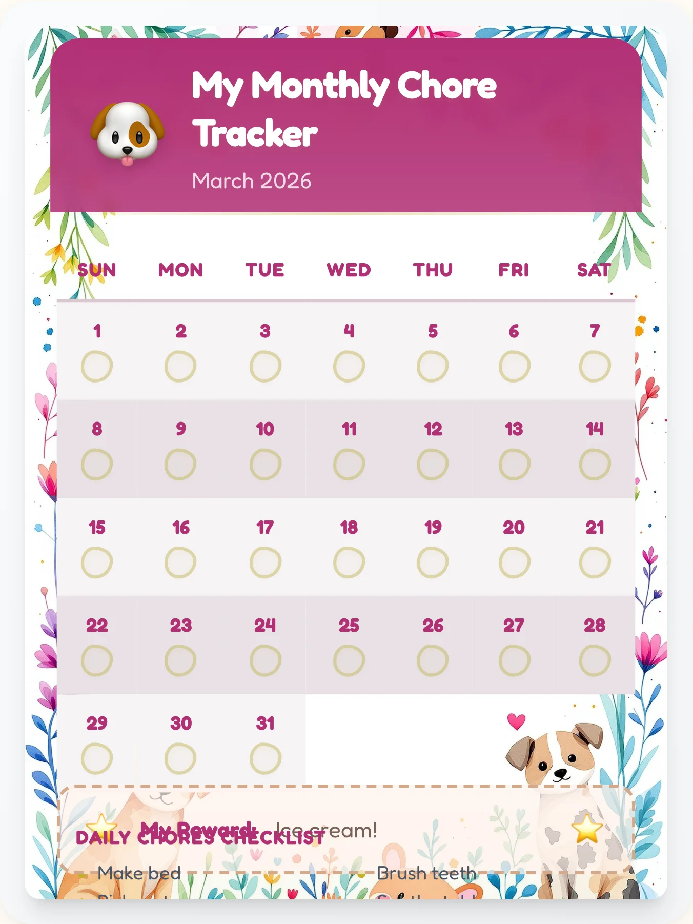 Delicate Pets Calendar Chart - printable pets chore chart