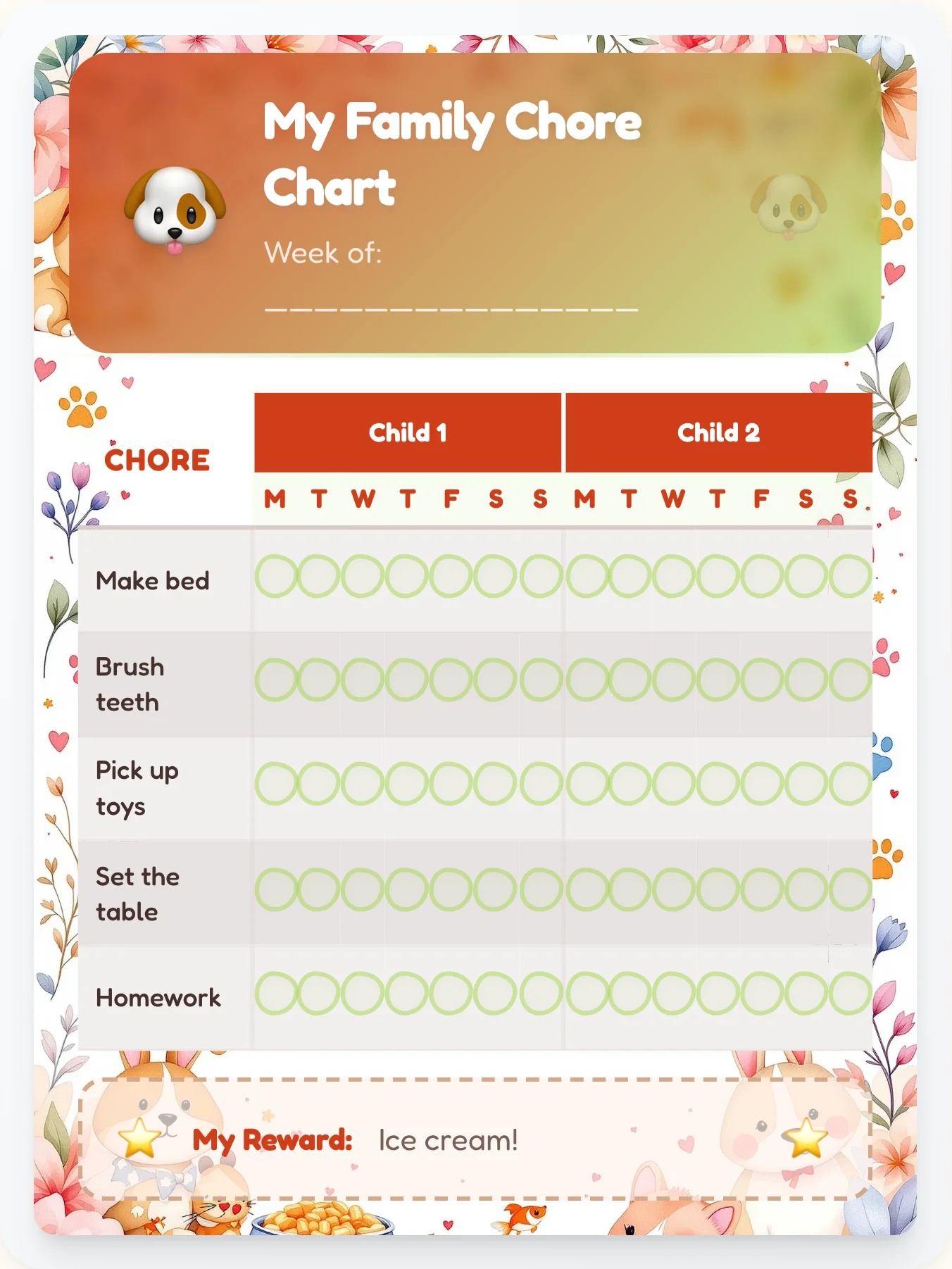 Cozy Pets Multi-Kid Tracker - printable pets chore chart