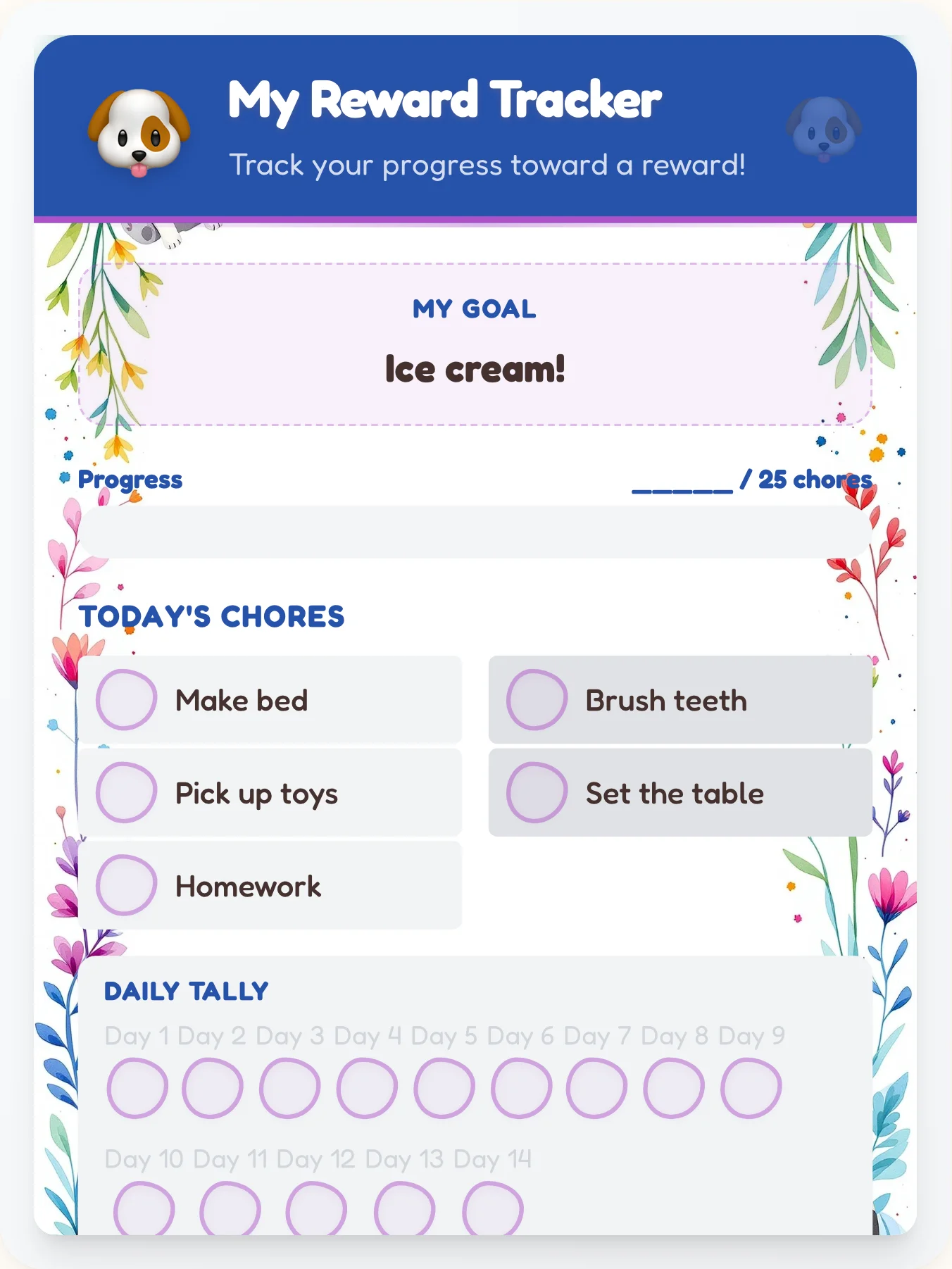 Luminous Pets Points Tracker - printable pets chore chart