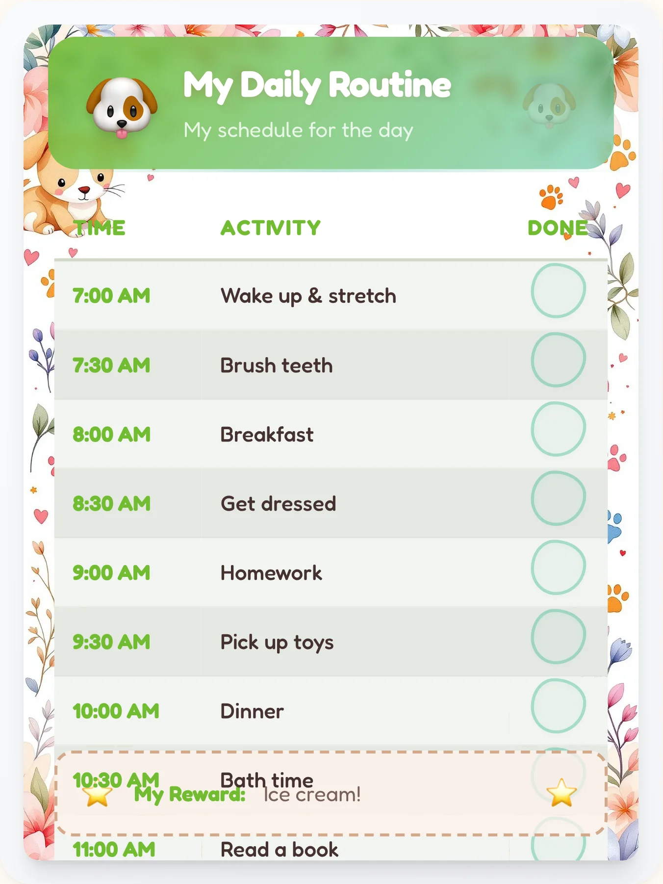 Quiet Pets Schedule Chart - printable pets chore chart