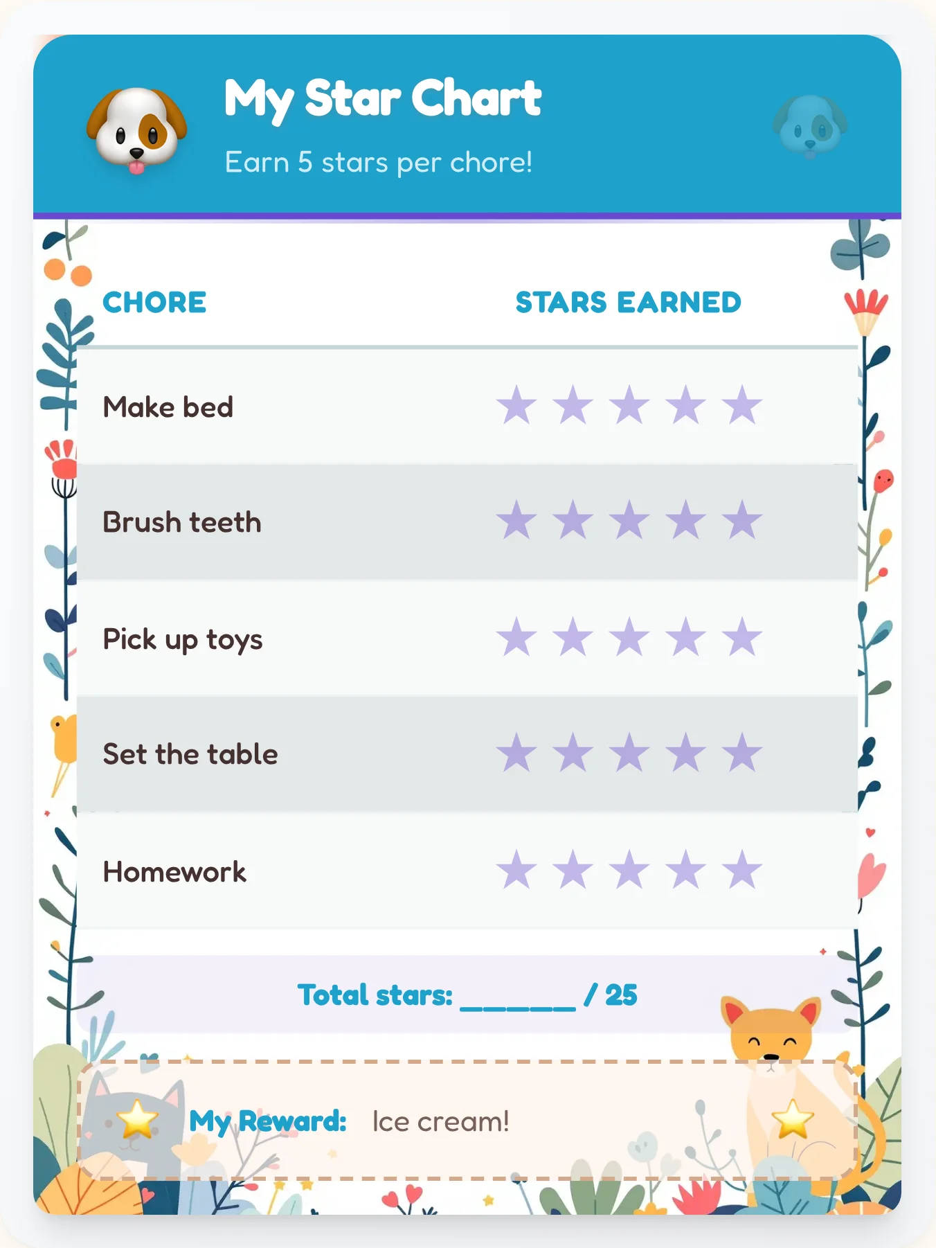 Inspiring Pets Star Rewards - printable pets chore chart