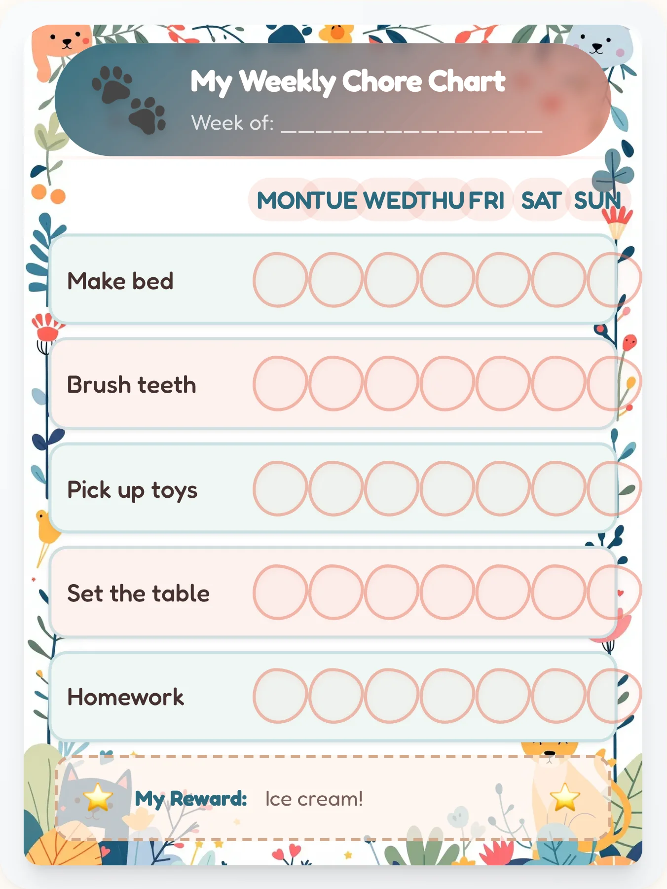 Paws & Petals Chore Chart - printable pets chore chart