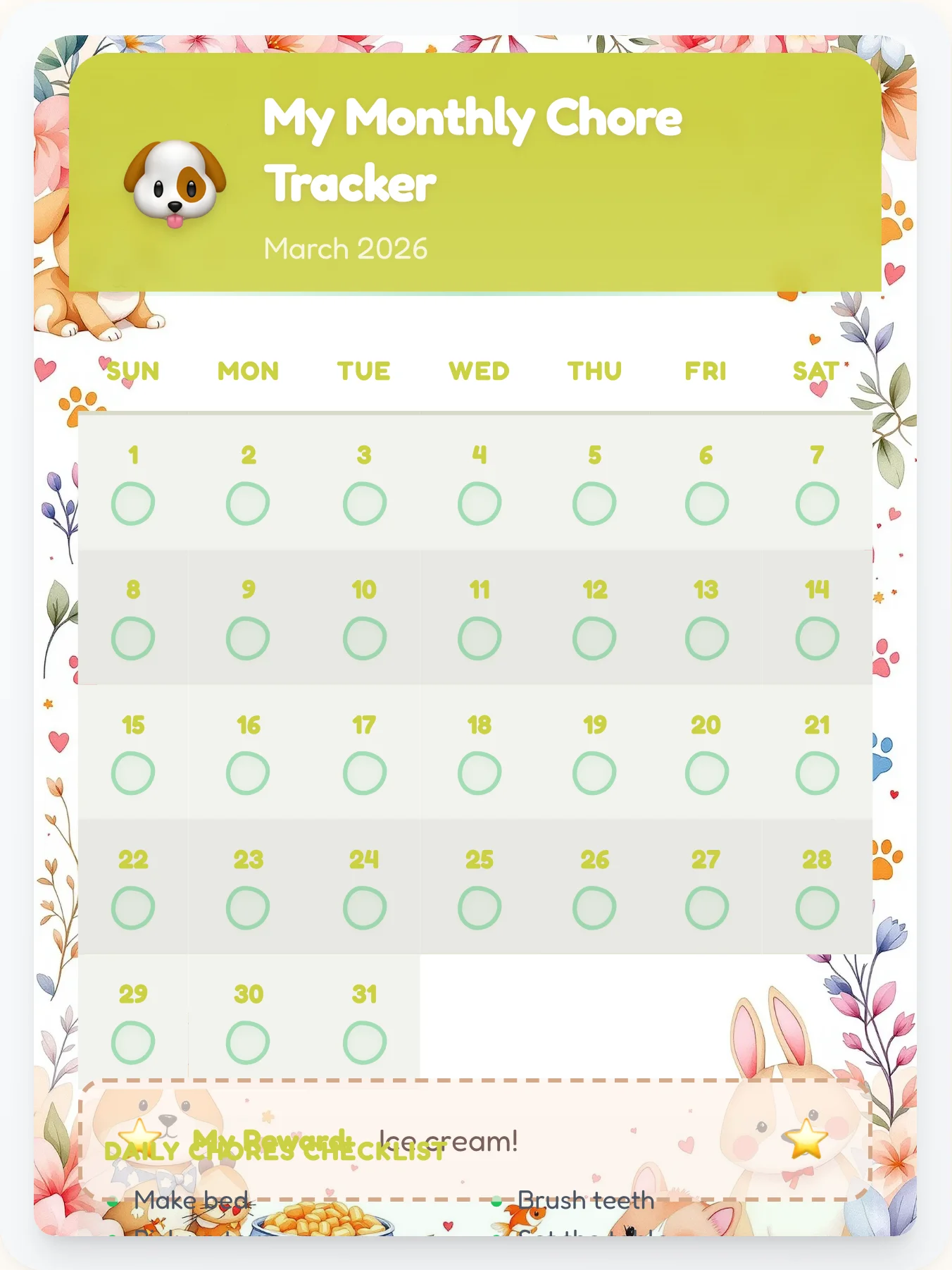 Hazy Pets Monthly Planner - printable pets chore chart