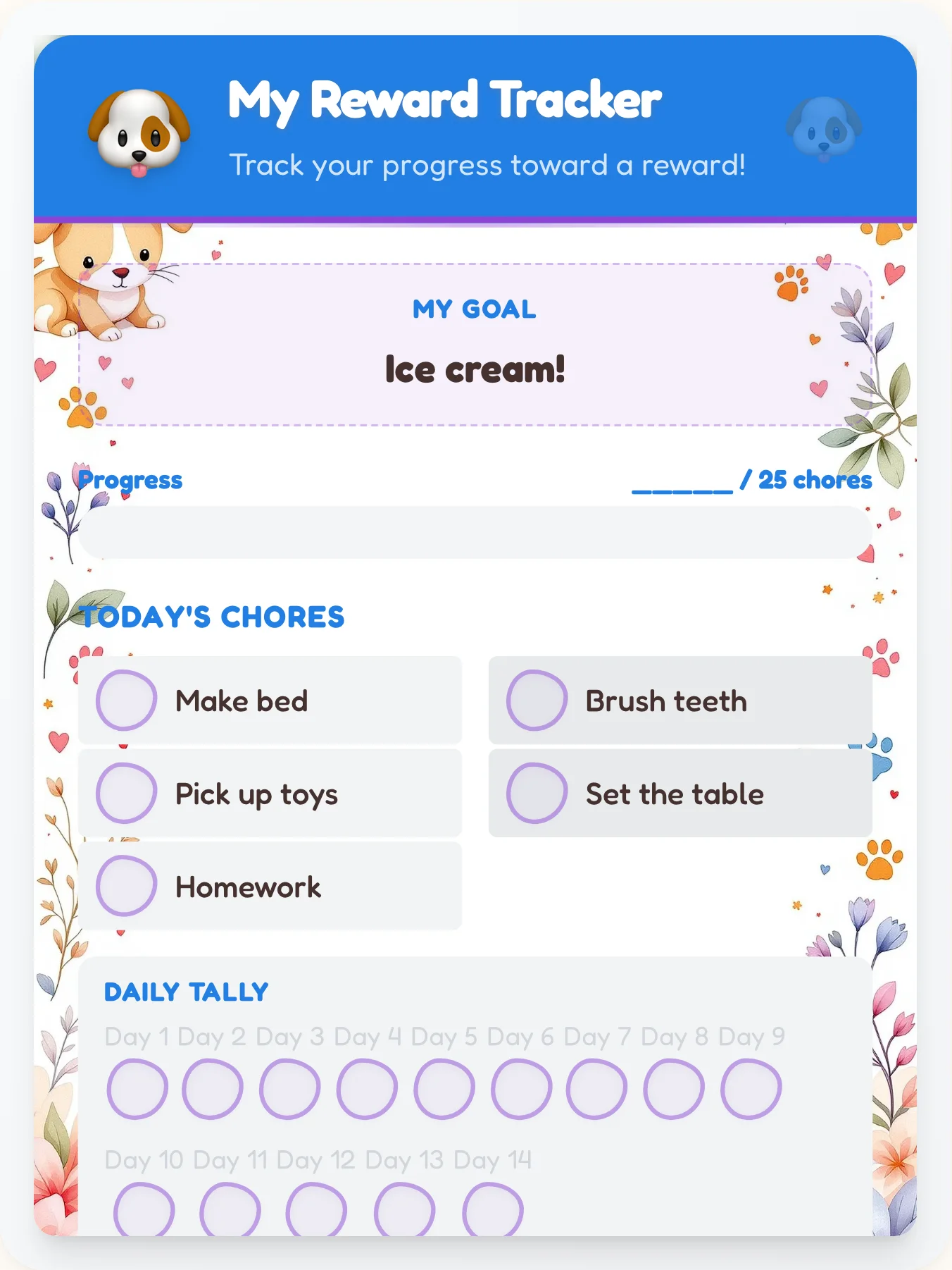 Kind Pets Achievement Board - printable pets chore chart