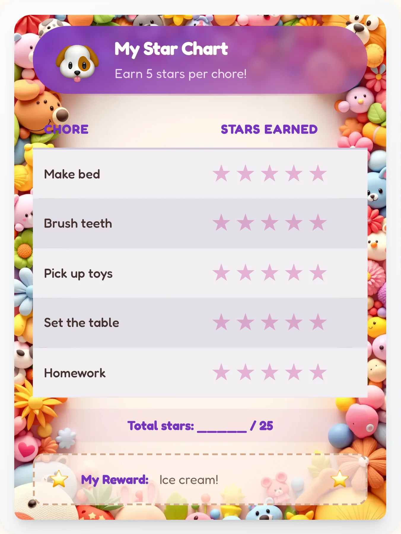Serene Pets Star Tracker - printable pets chore chart