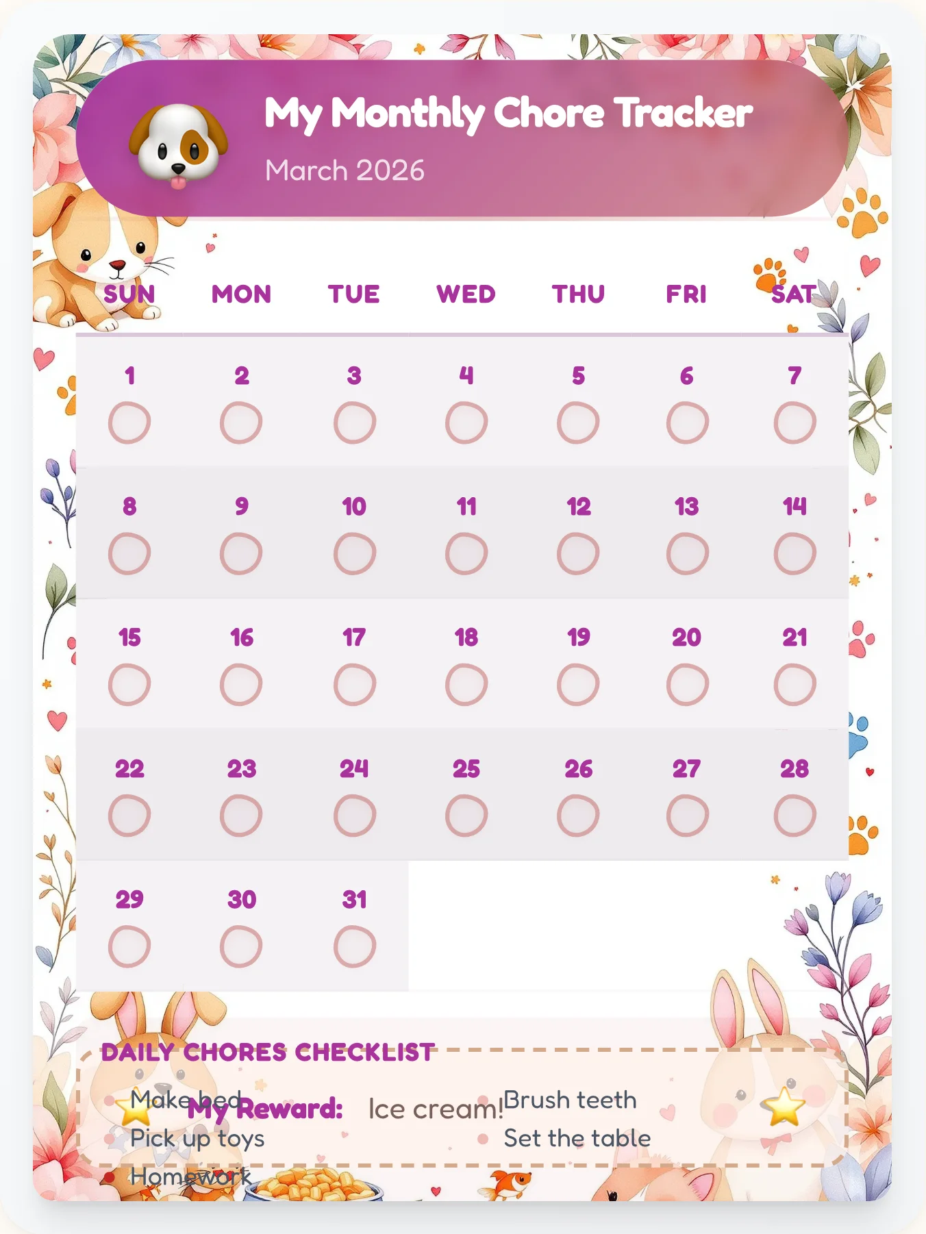 Airy Pets Monthly Planner - printable pets chore chart