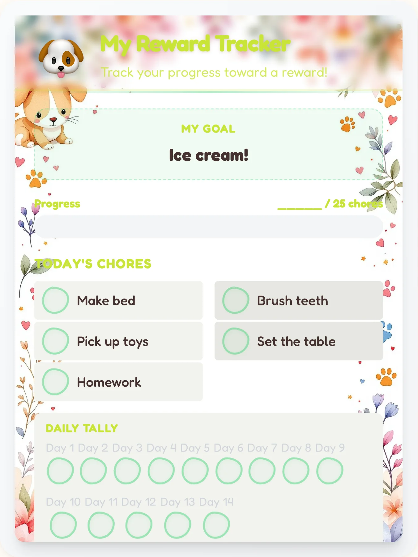 Misty Pets Reward Board - printable pets chore chart