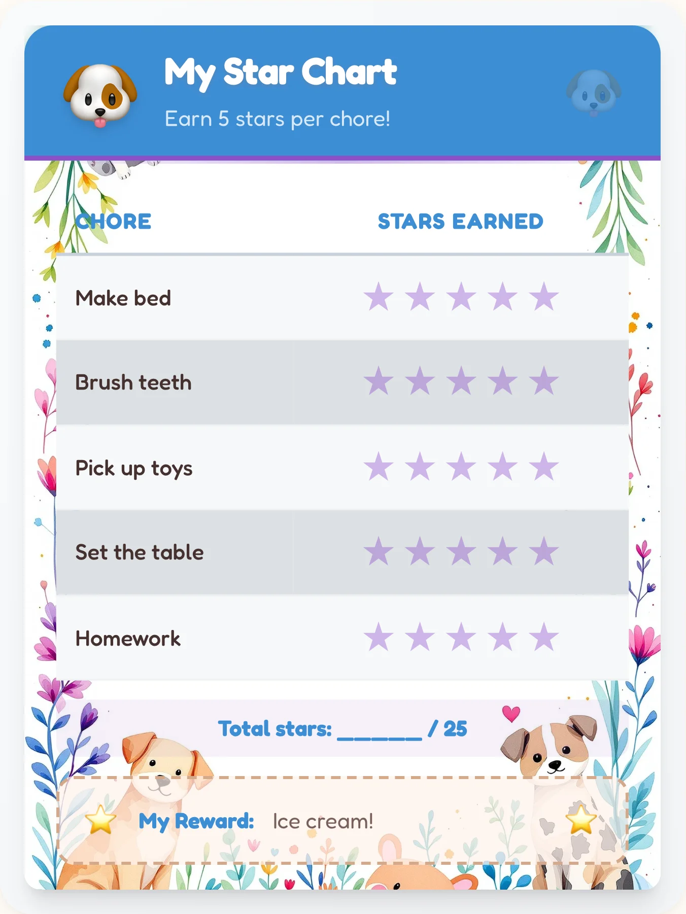 Kind Pets Star Board - printable pets chore chart