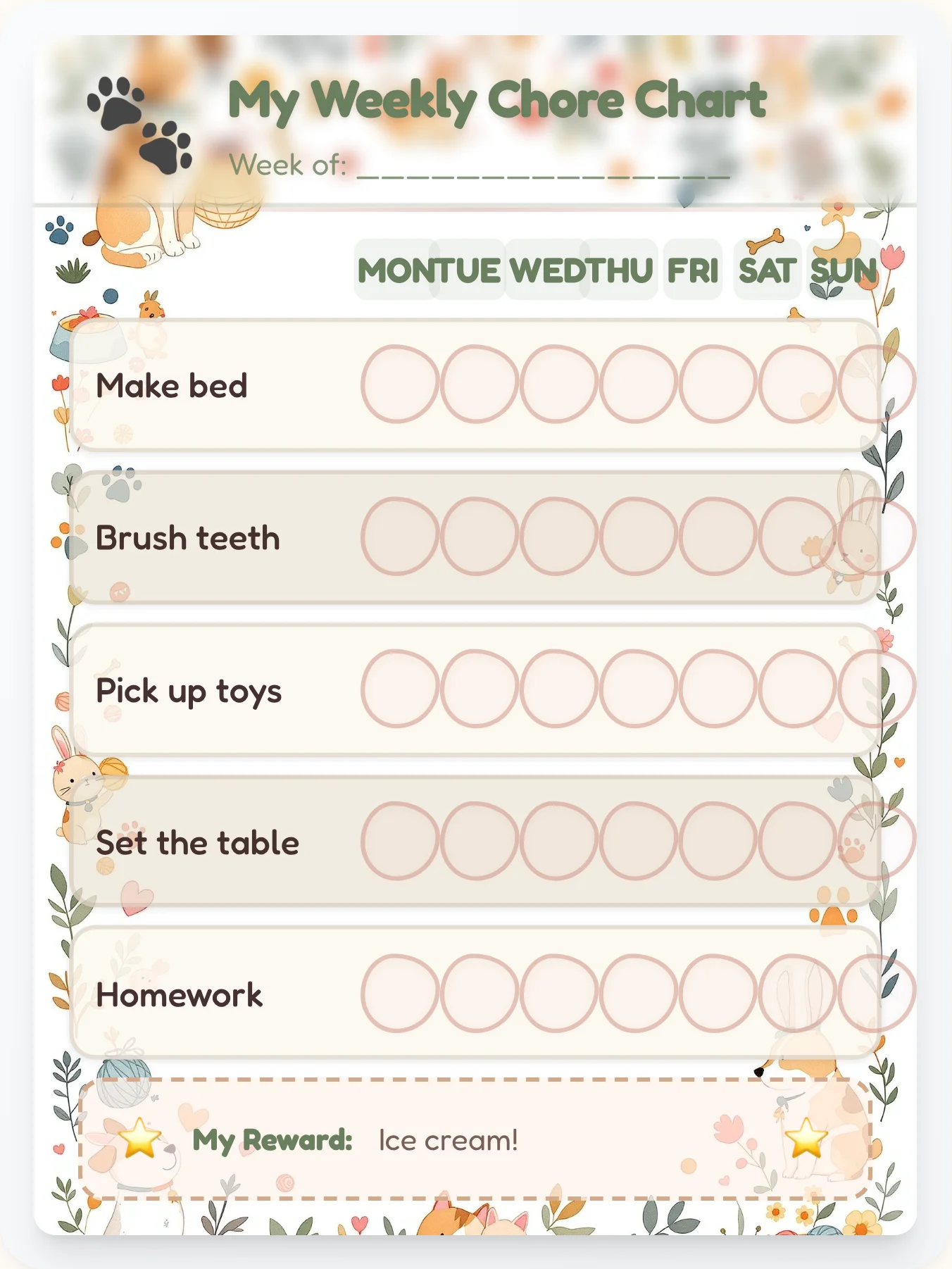 Cottage Paws Chore Chart - printable pets chore chart