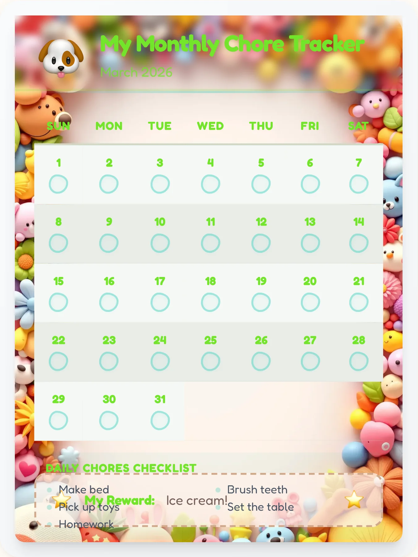 Radiant Pets Month View - printable pets chore chart