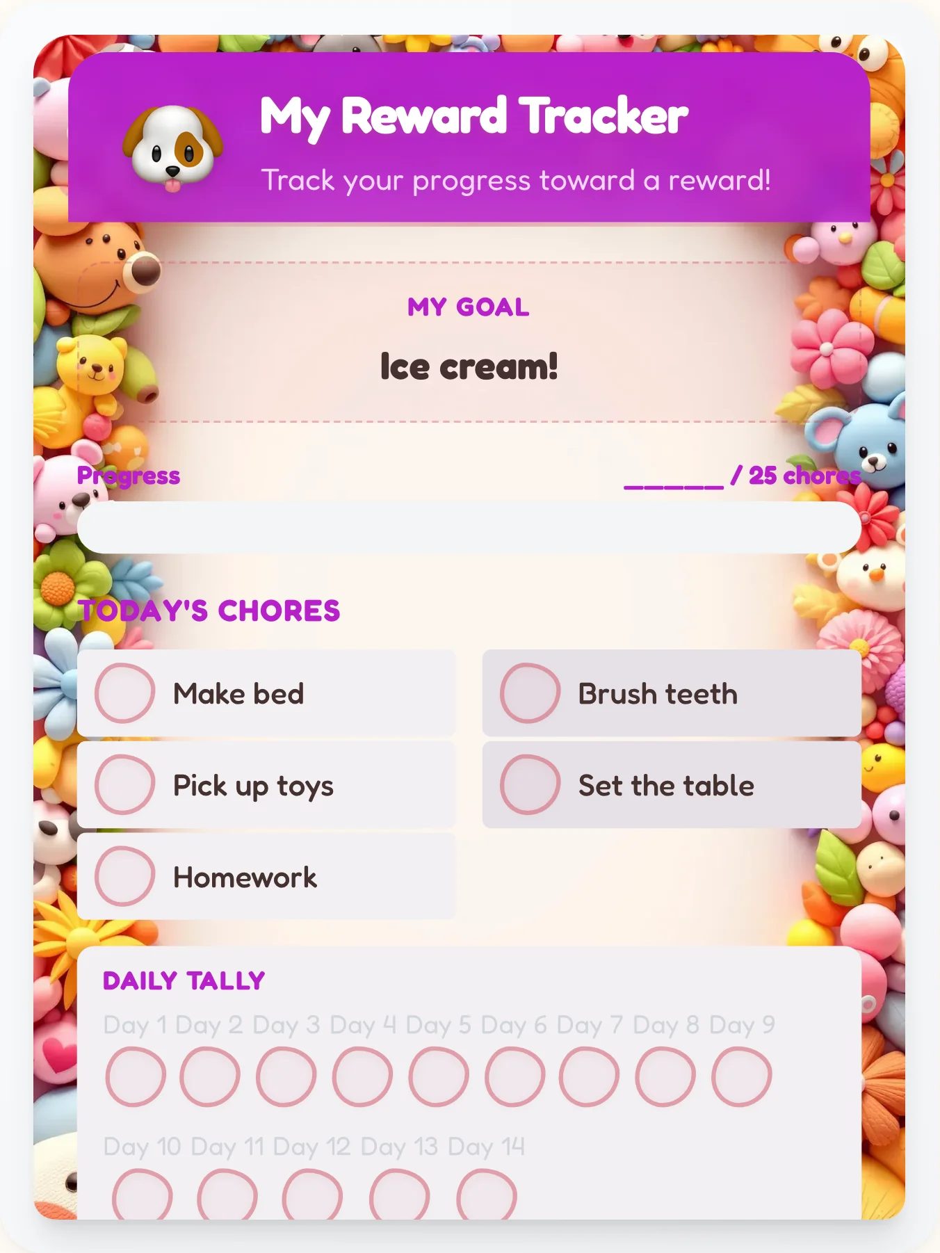 Vibrant Pets Achievement Board - printable pets chore chart