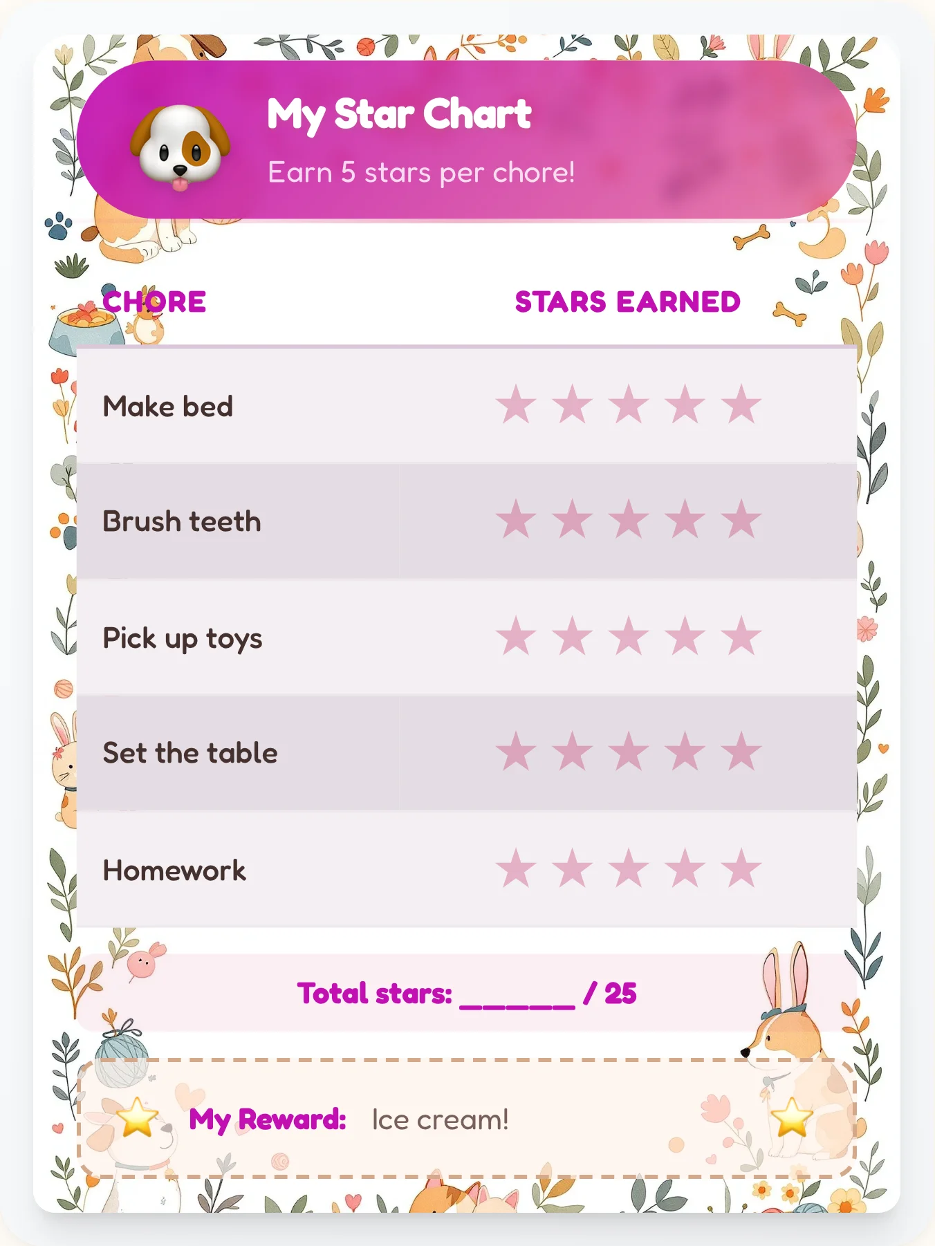 Airy Pets Gold Stars - printable pets chore chart