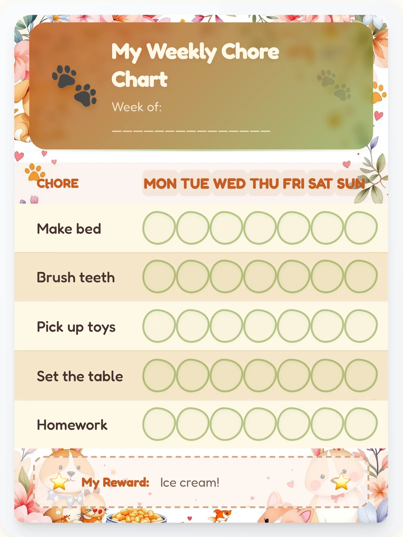 Groovy Paws Chore Chart - printable pets chore chart