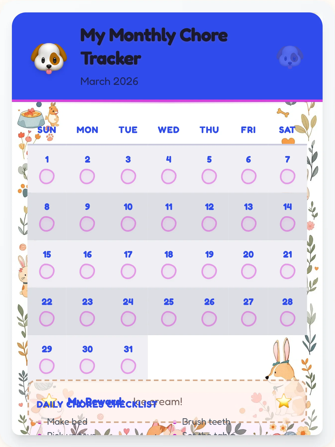 Mellow Pets Monthly Grid - printable pets chore chart