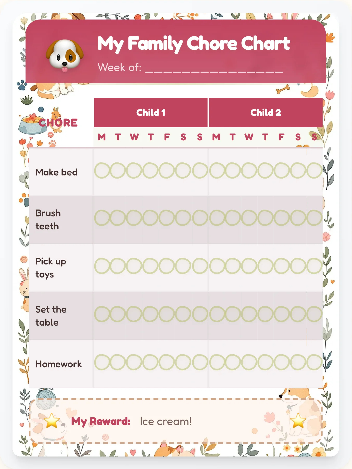 Frosty Pets Family Chart - printable pets chore chart
