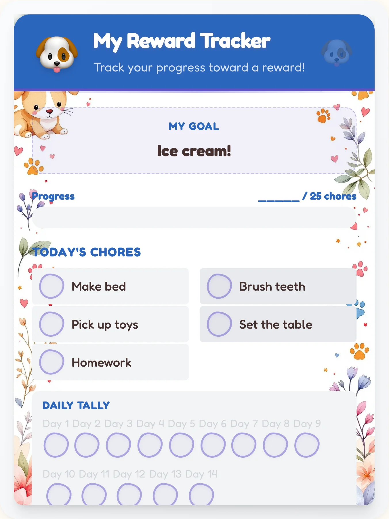 Luminous Pets Points Tracker - printable pets chore chart