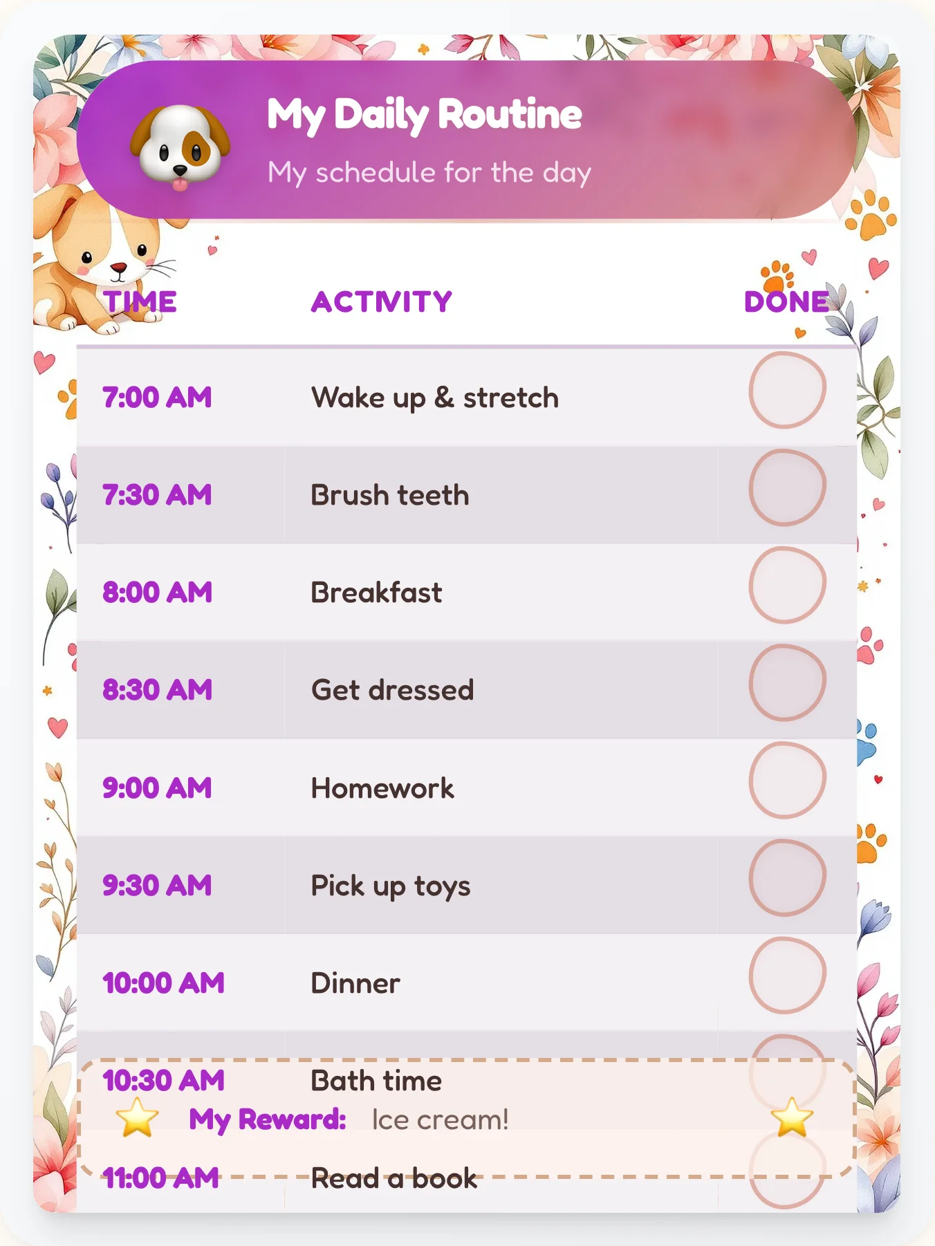Vibrant Pets Time Planner - printable pets chore chart