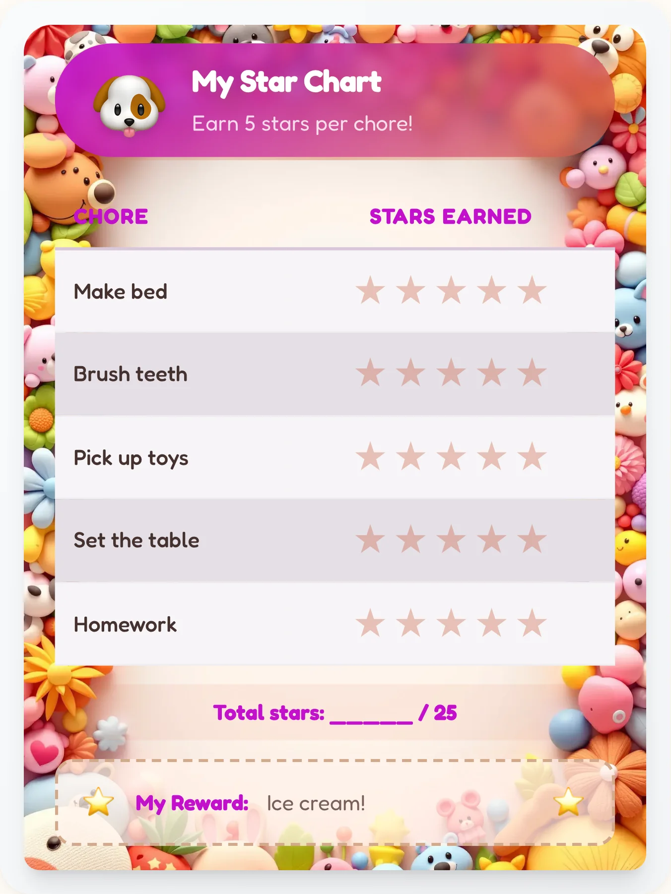 Whimsical Pets Star Tracker - printable pets chore chart