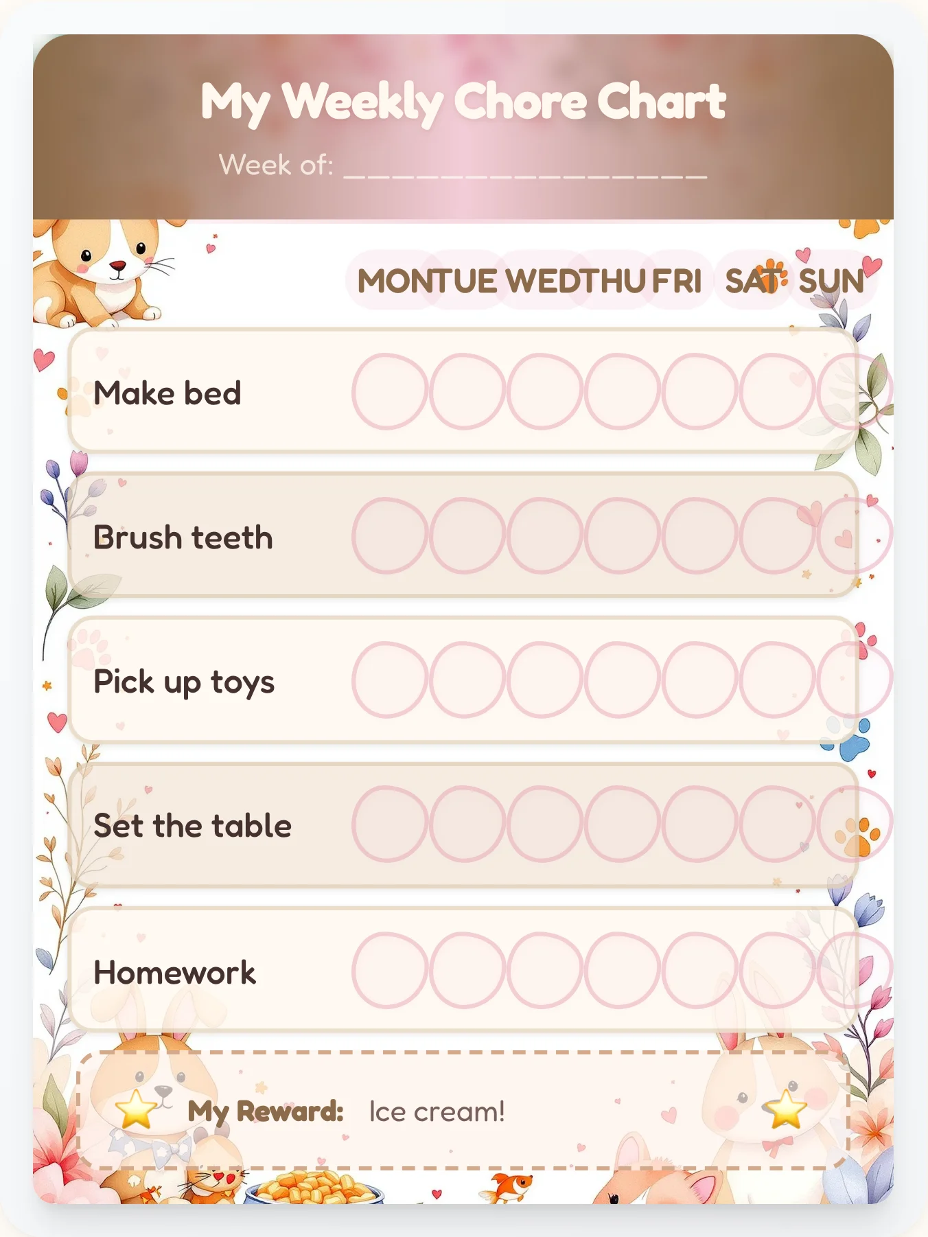 Paws & Whiskers Watercolor Chore Chart - Free Printable Template - printable pets chore chart