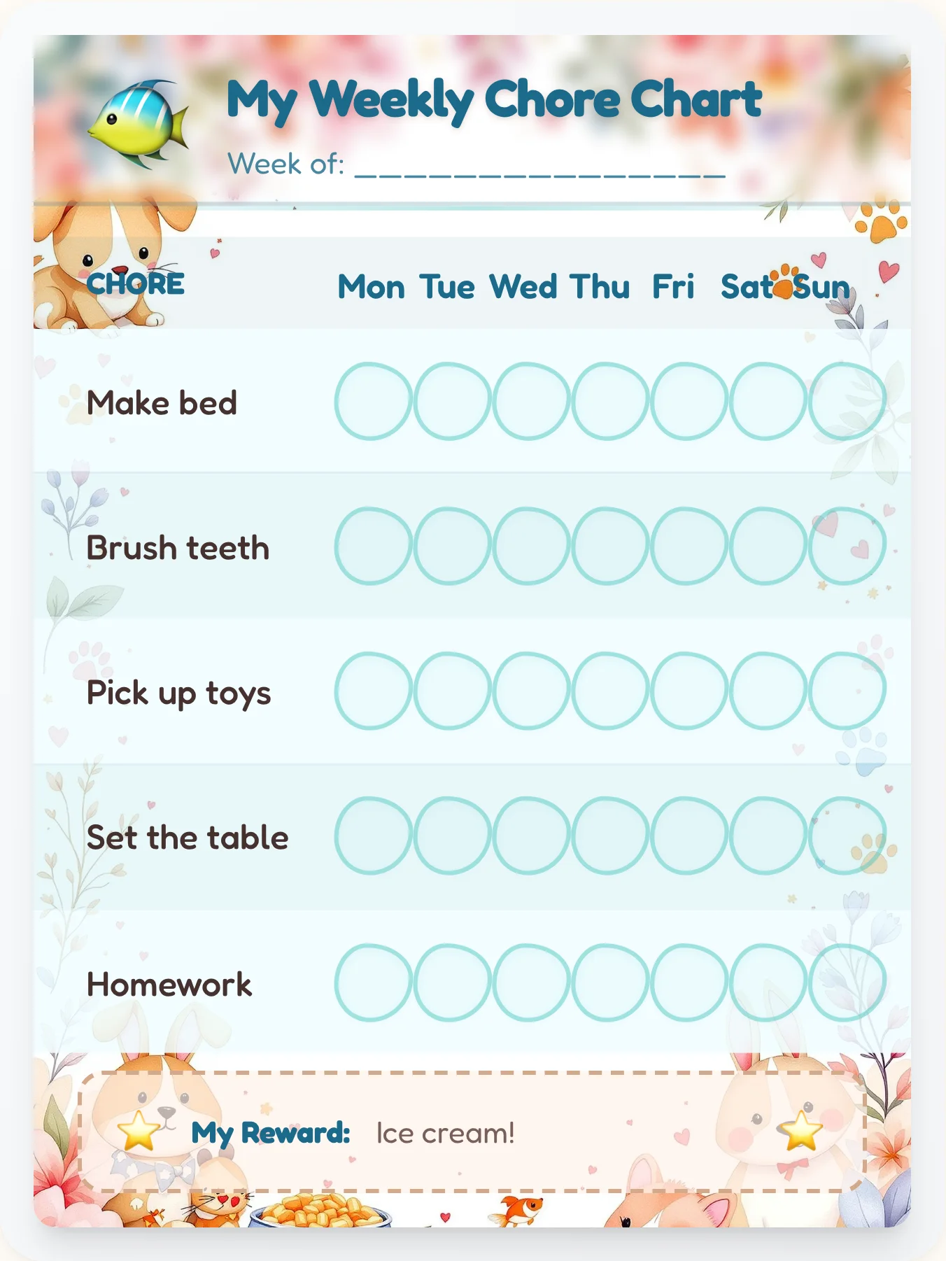Aqua Fins & Friends Watercolor Chore Chart - Free Printable Template - printable pets chore chart