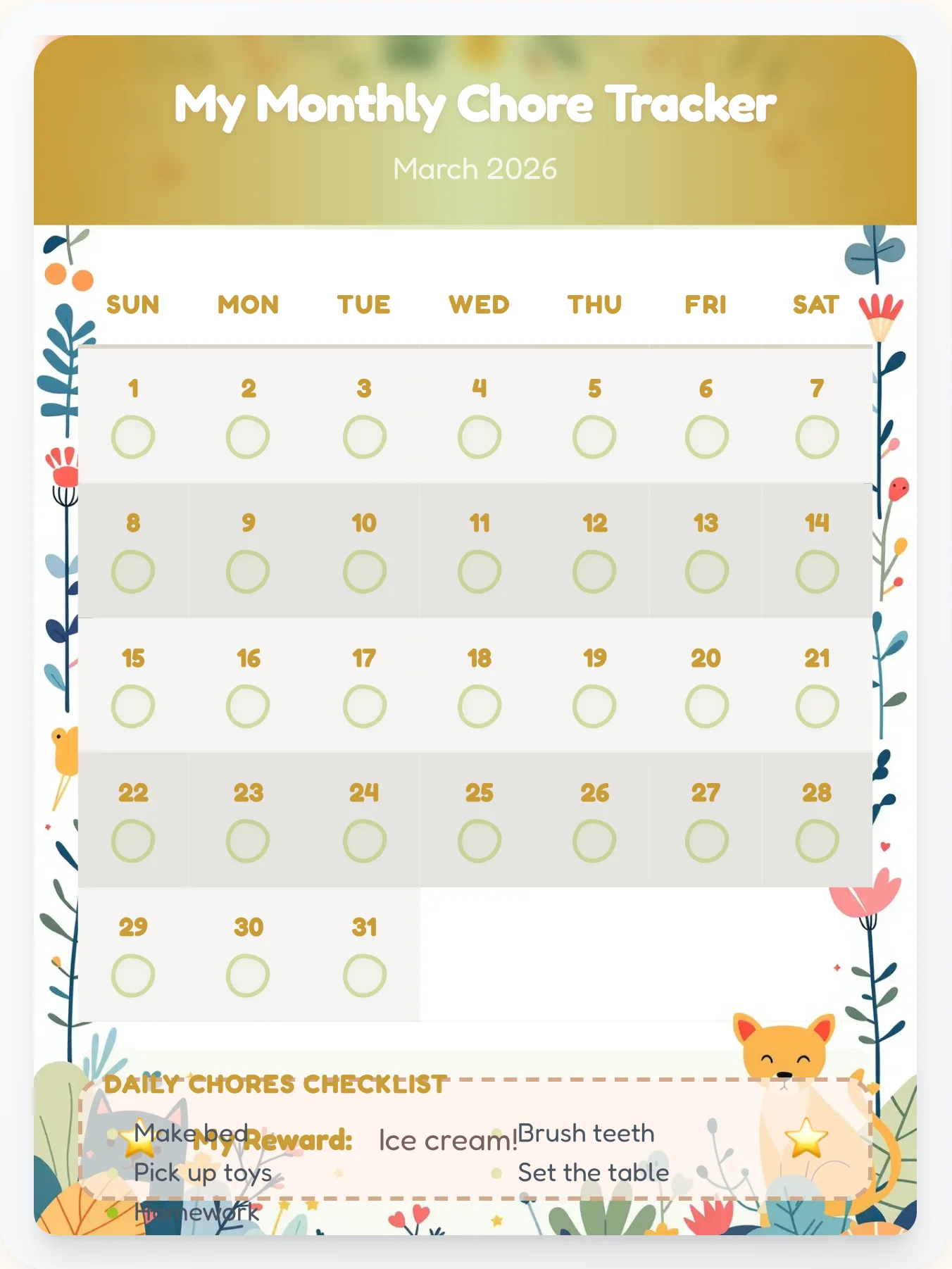 Happy Pets Calendar Chart - printable pets chore chart