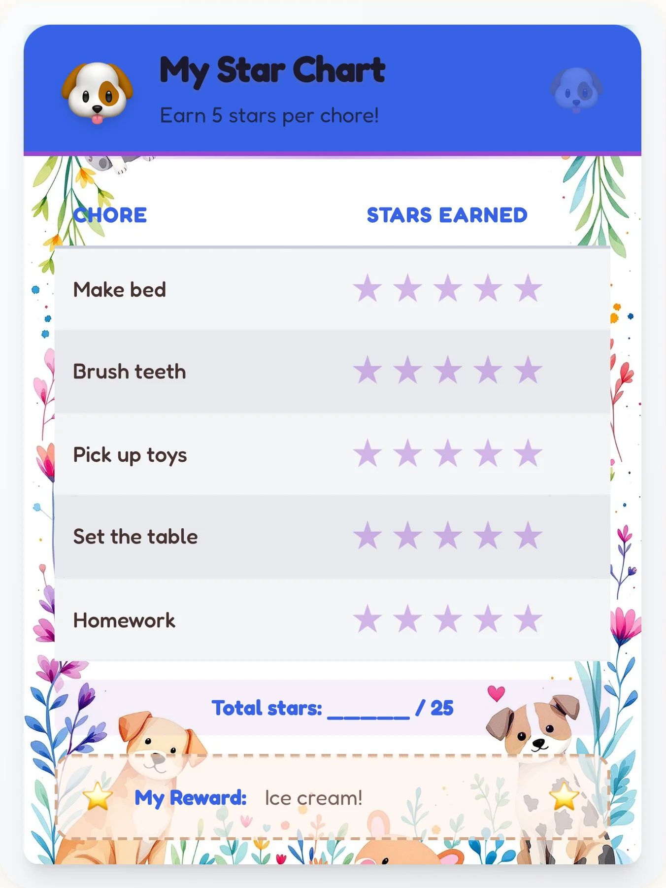 Mellow Pets Gold Stars - printable pets chore chart