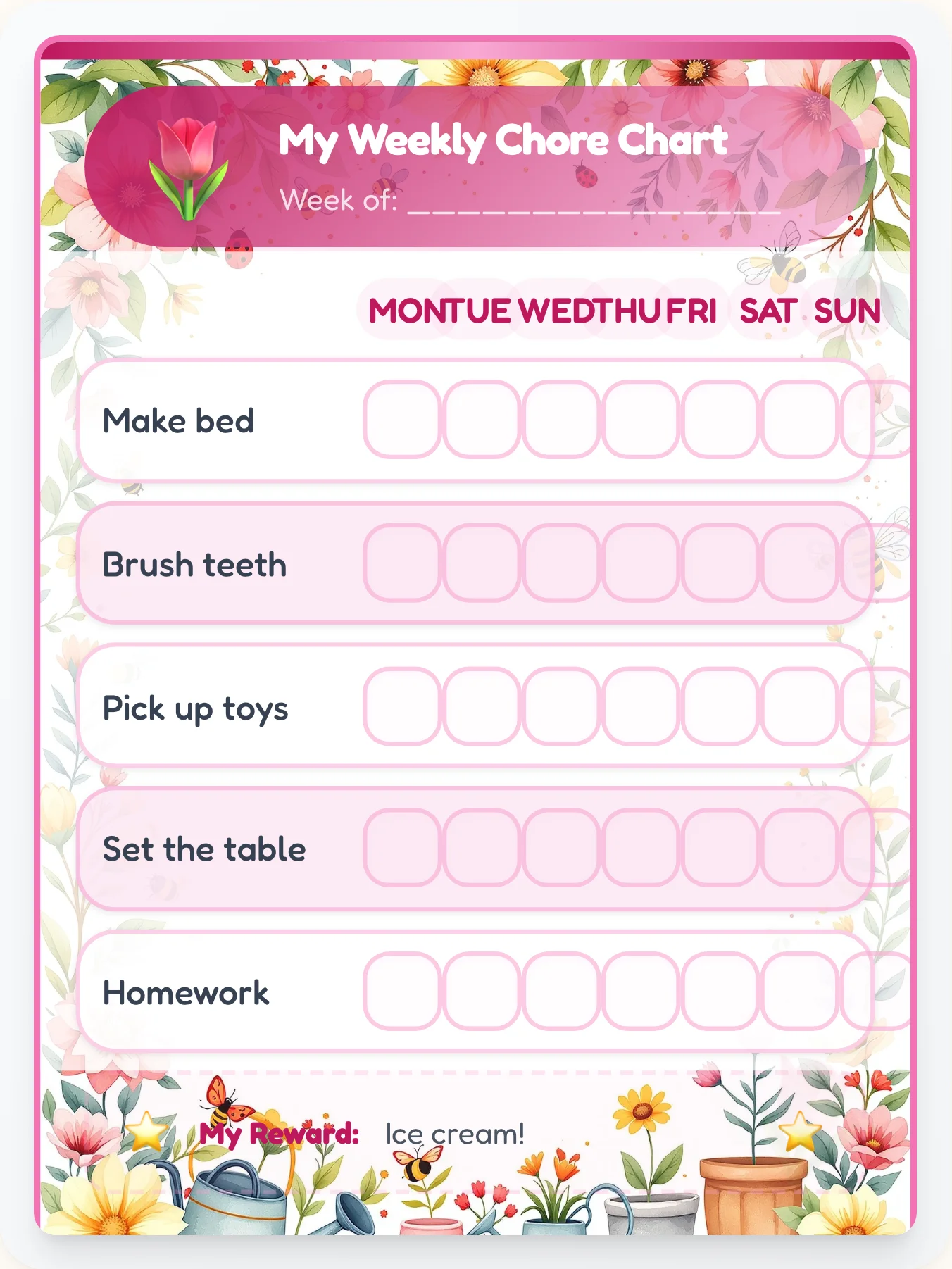 Pink Blossom Chore Chart - printable garden chore chart