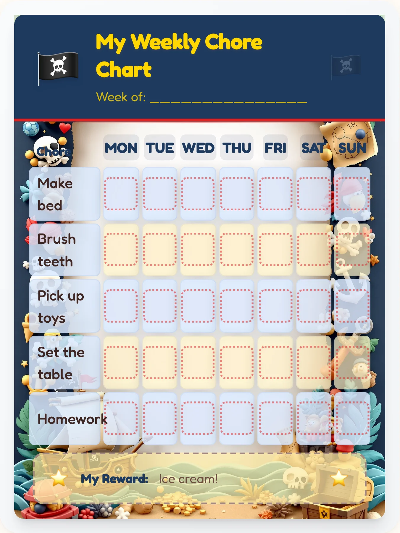 Pirate Treasure 3D Clay Chore Chart - printable pirate chore chart