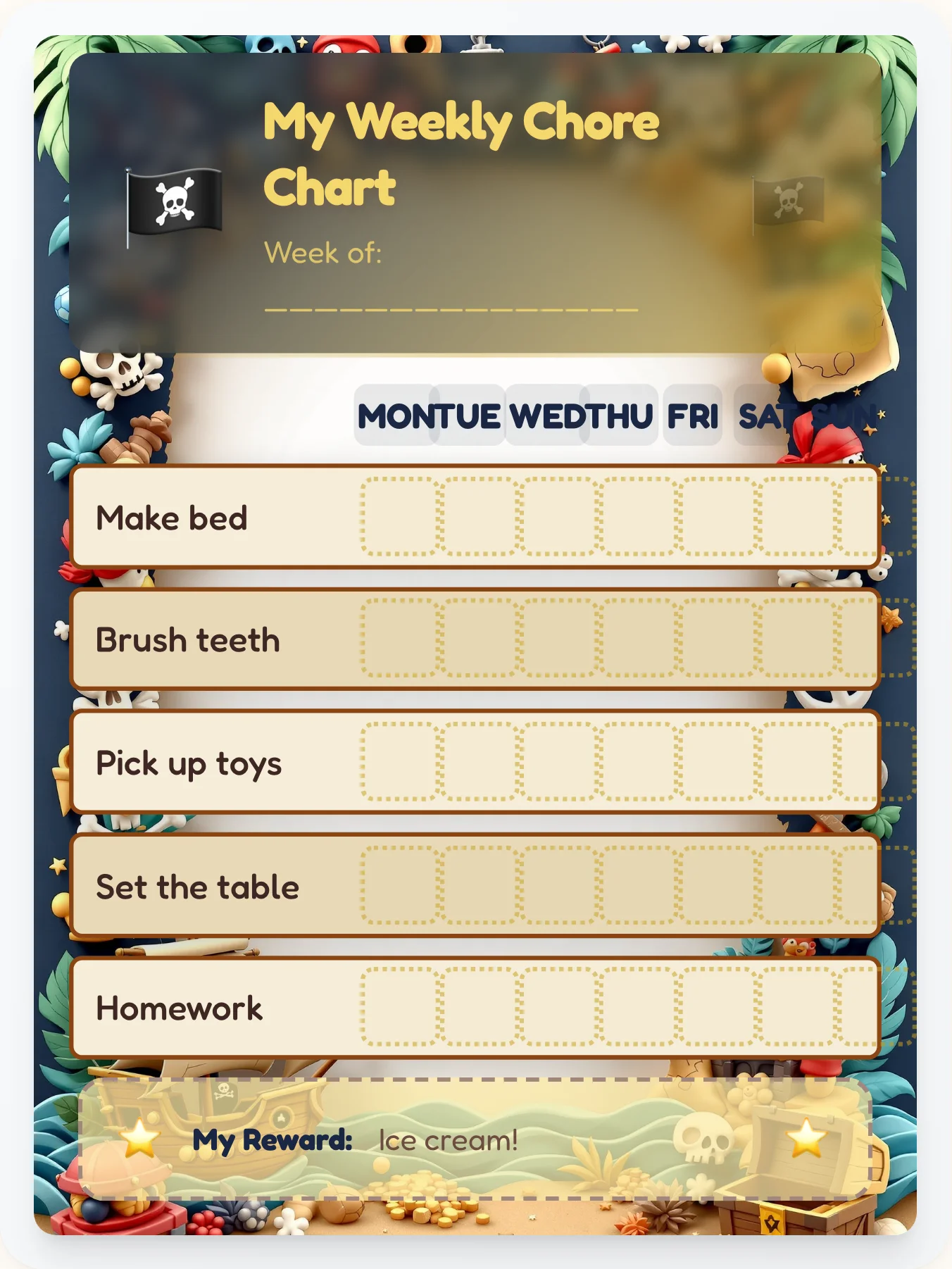 Pirate Treasure Voyage Chore Chart — Free Printable Weekly Grid - printable pirate chore chart