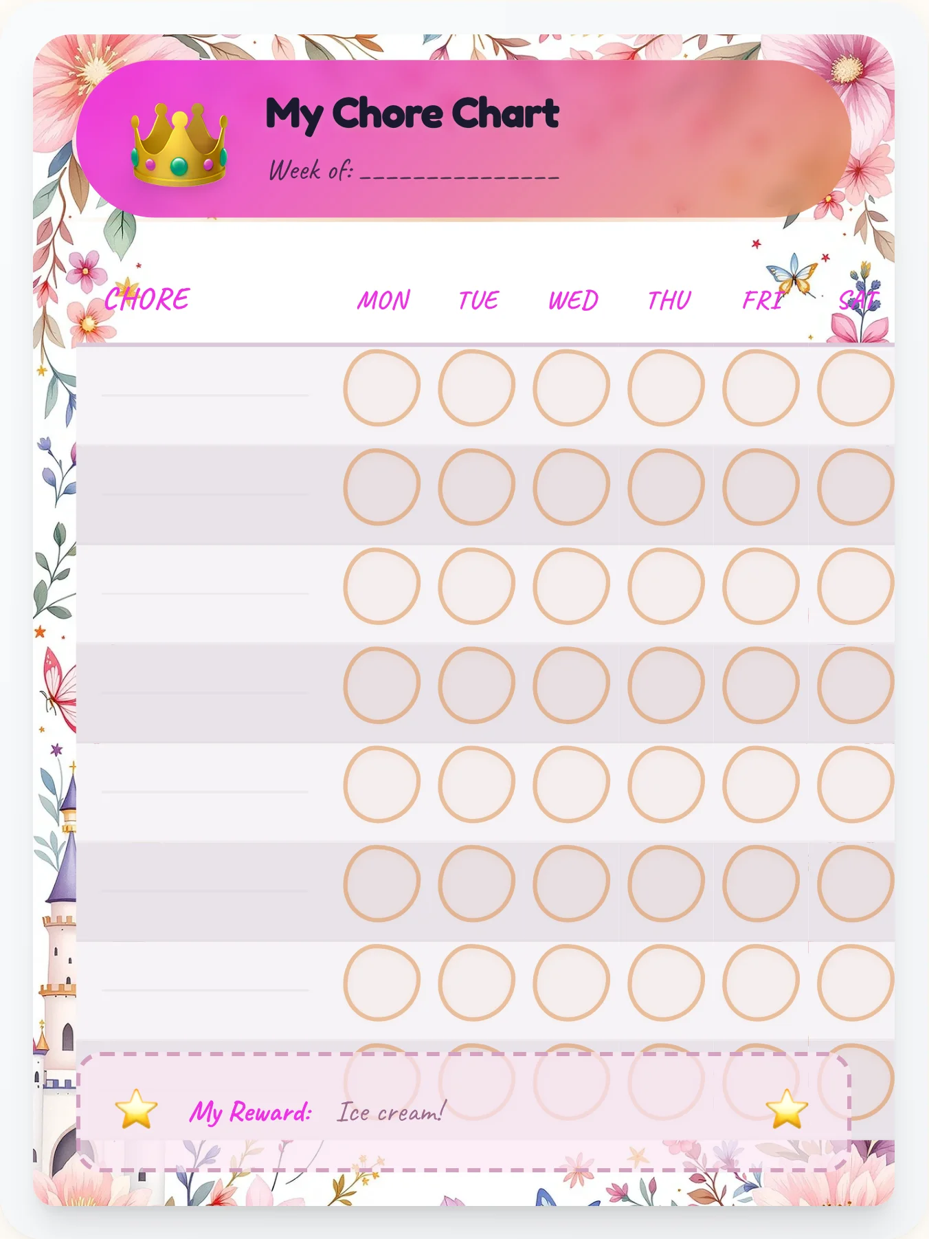 Whimsical Princess Custom Chart - printable princess chore chart