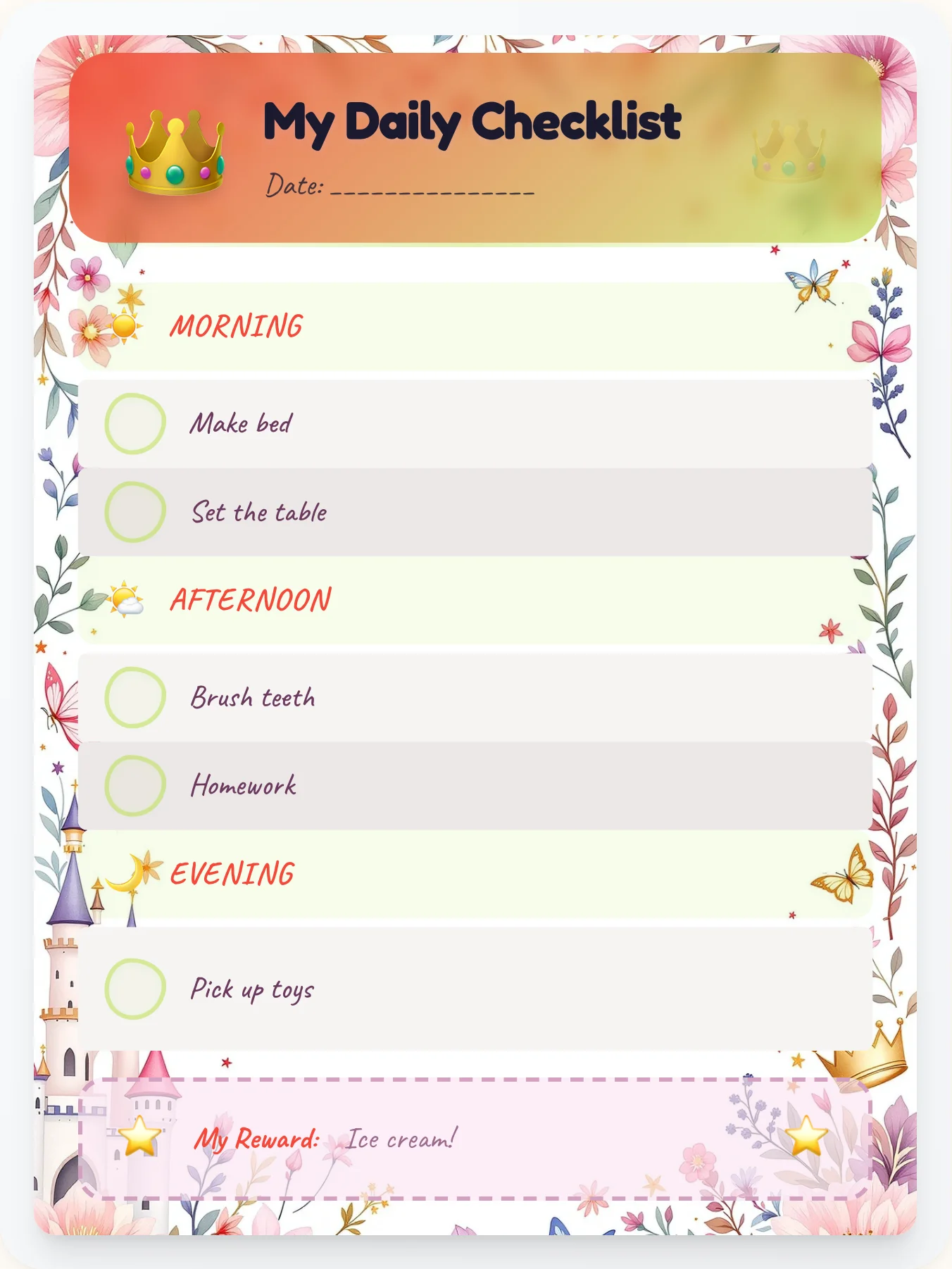 Bright Princess Day Tracker - printable princess chore chart