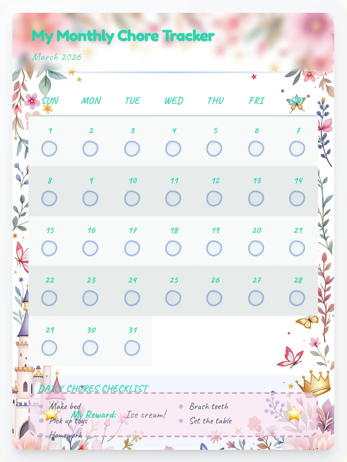 Enchanted Princess Monthly Grid - printable princess chore chart