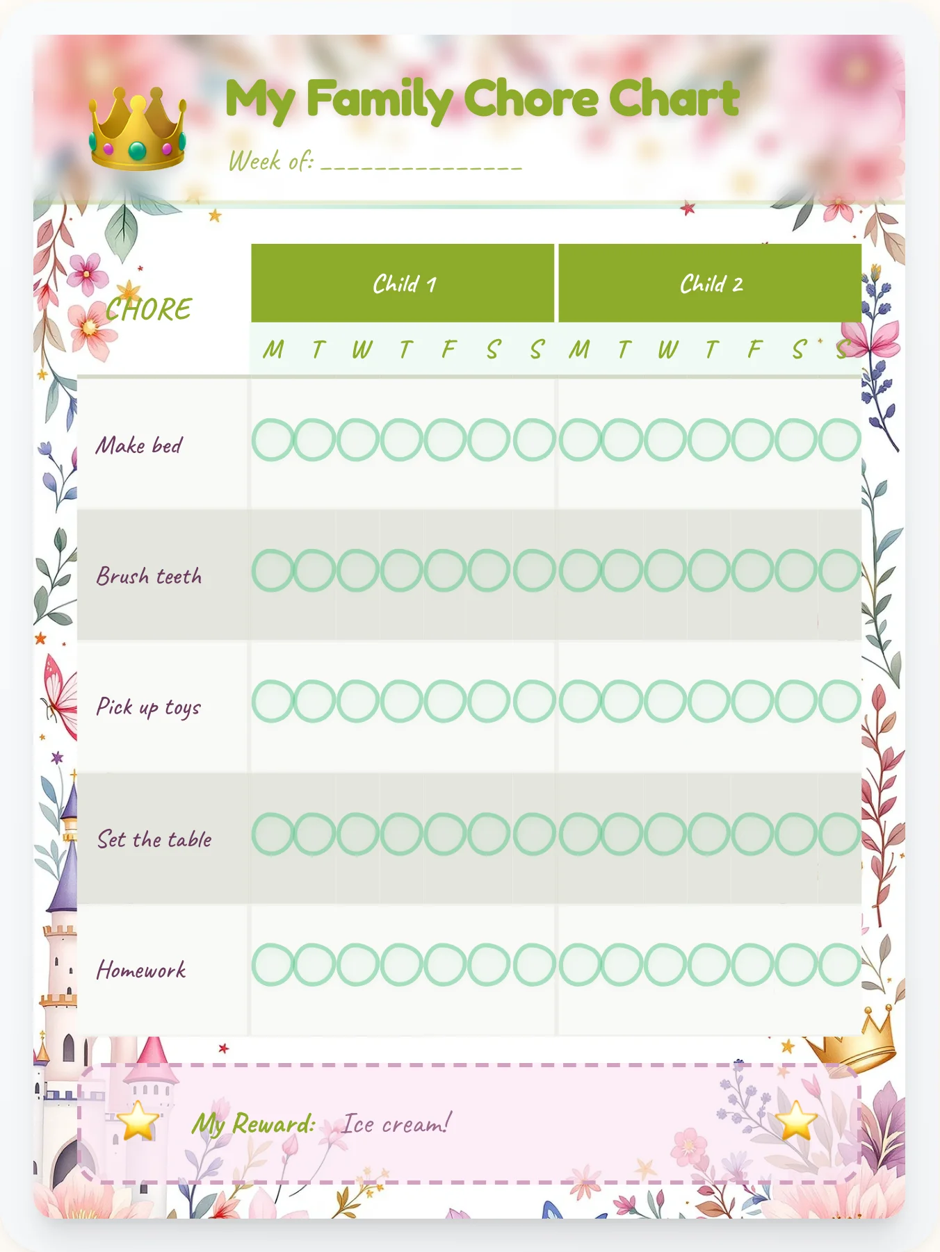 Noble Princess Sibling Board - printable princess chore chart