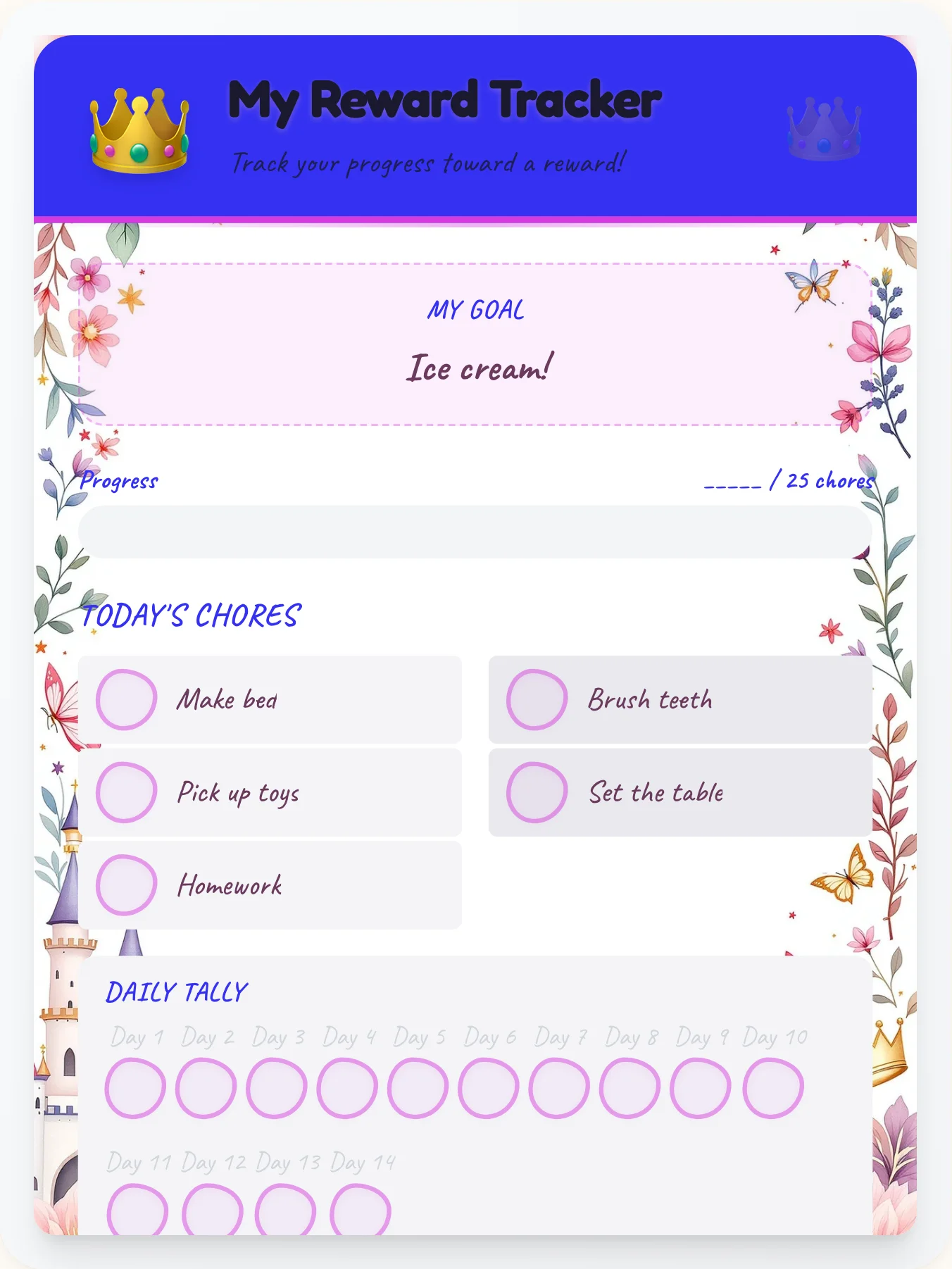 Organic Princess Points Tracker - printable princess chore chart