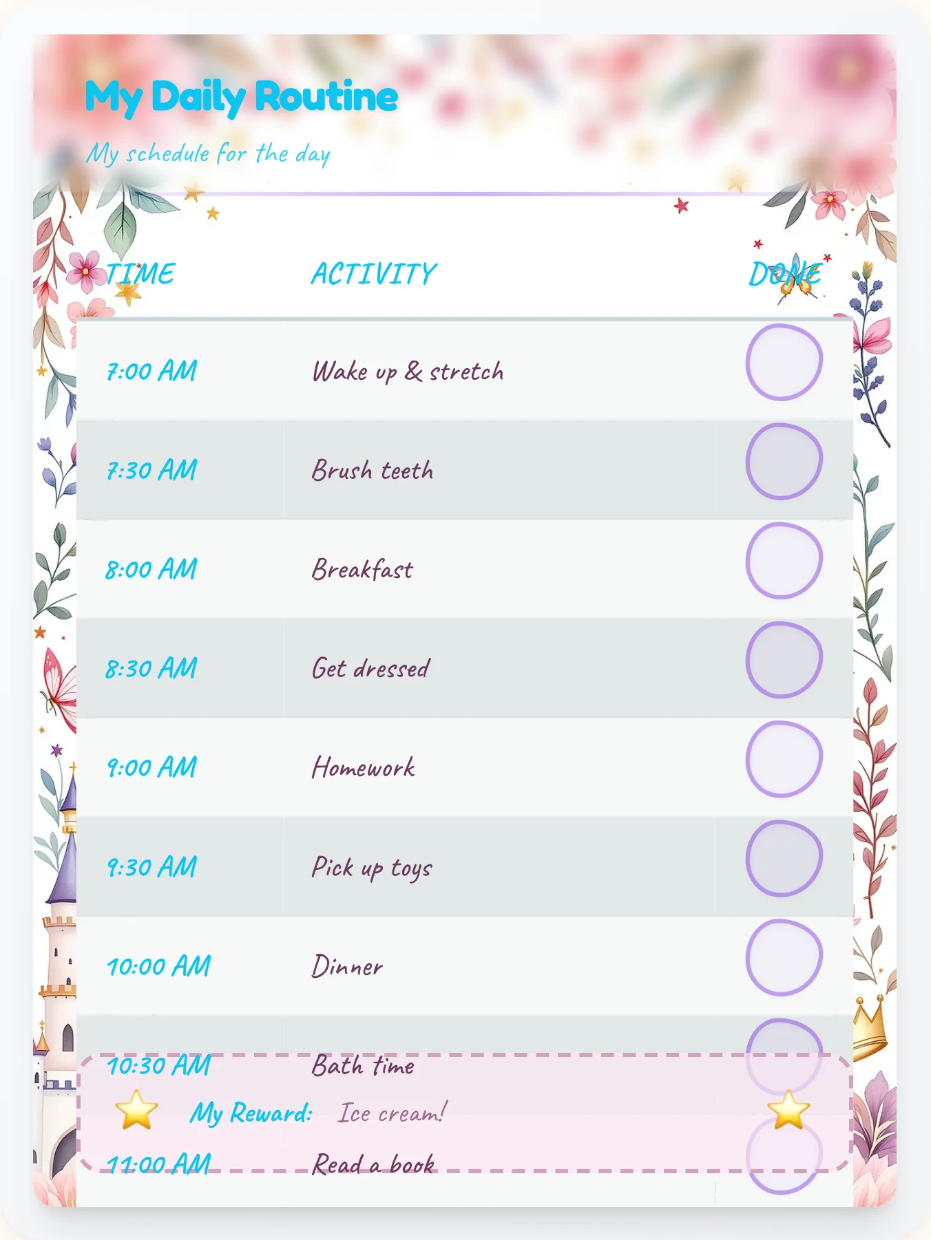 Harmony Princess Time Planner — Free Printable Routine Schedule Template - printable princess chore chart