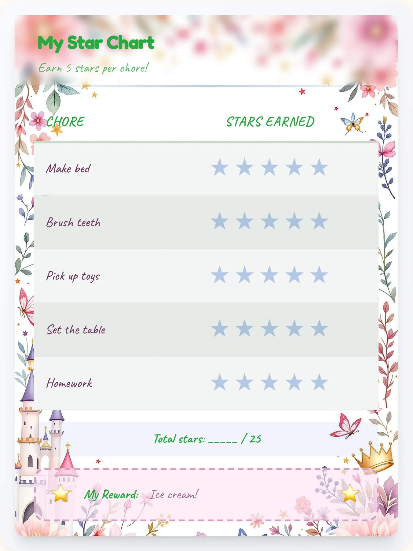 Warm Princess Star Board - printable princess chore chart