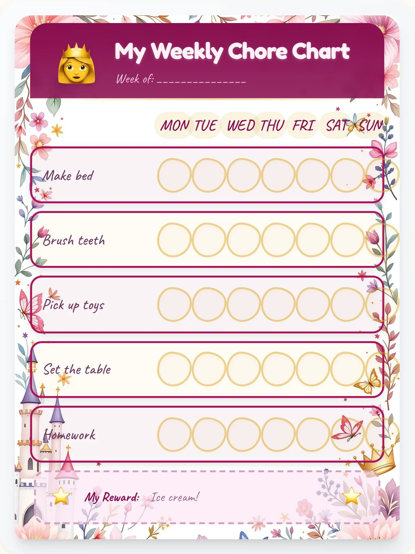 Royal Scrapbook Chore Chart - printable princess chore chart