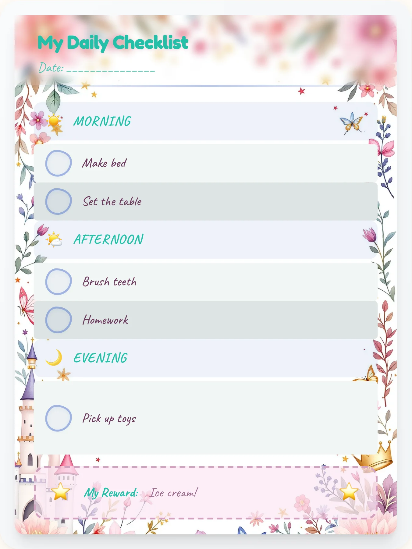 Funky Princess To-Do Chart - printable princess chore chart