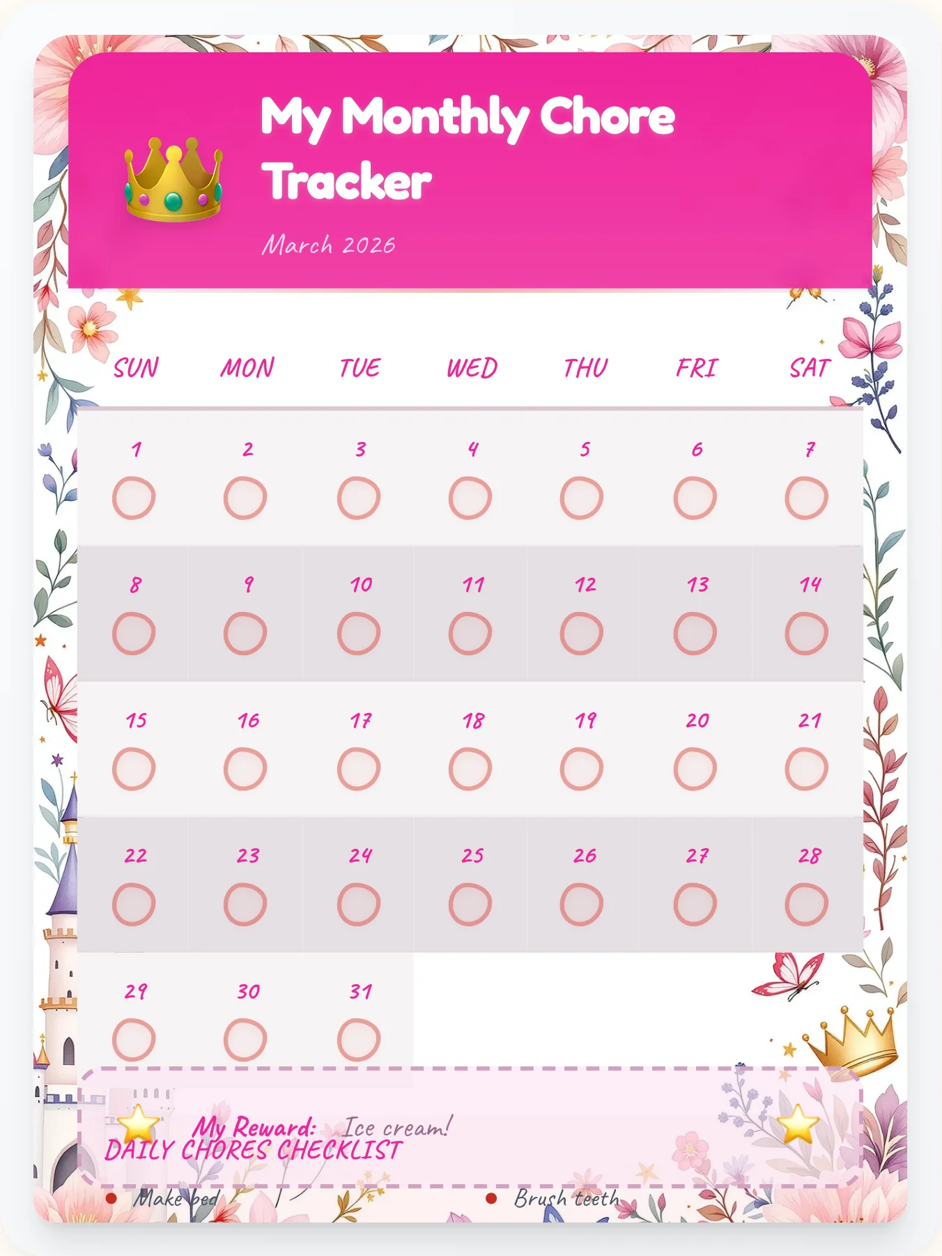Calm Princess Calendar Chart - printable princess chore chart