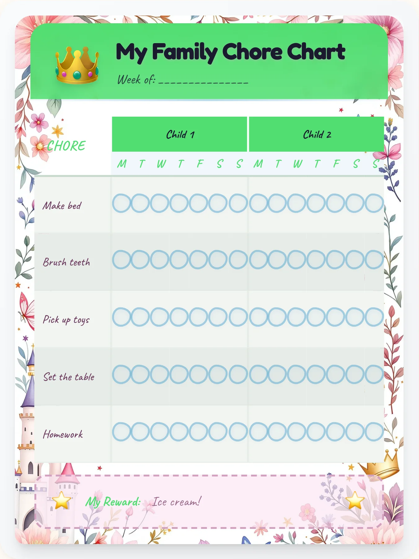 Warm Princess Team Chart - printable princess chore chart