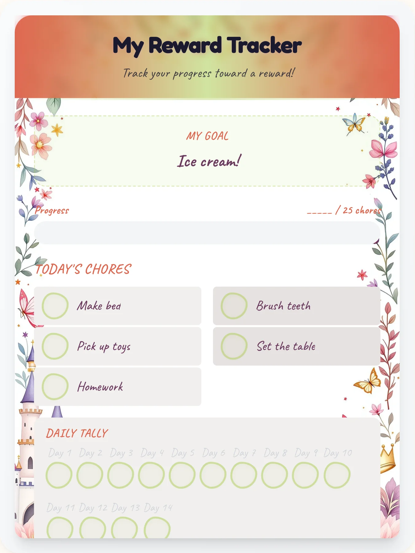 Cozy Princess Goal Chart - printable princess chore chart