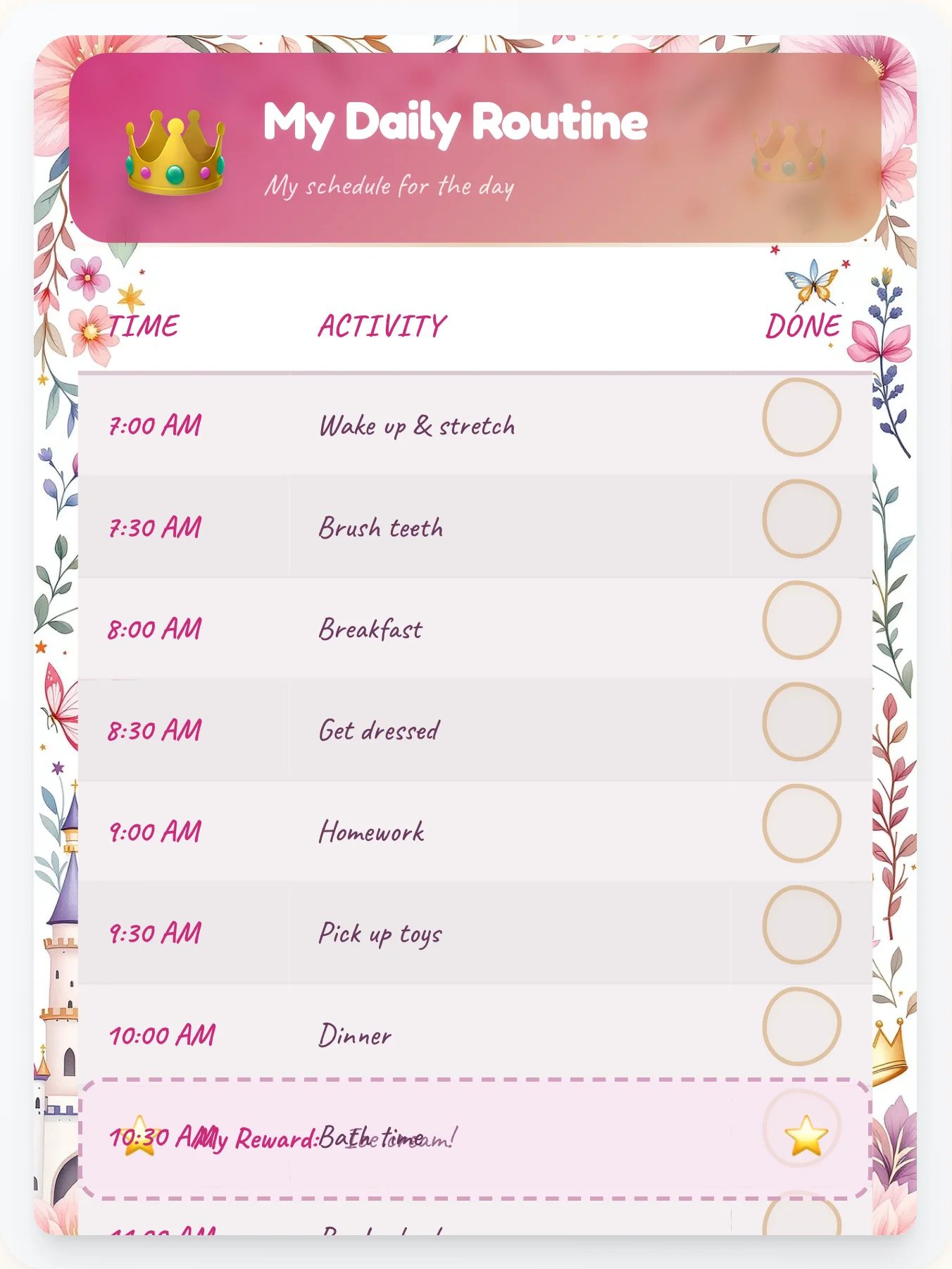 Delicate Princess Daily Routine - printable princess chore chart