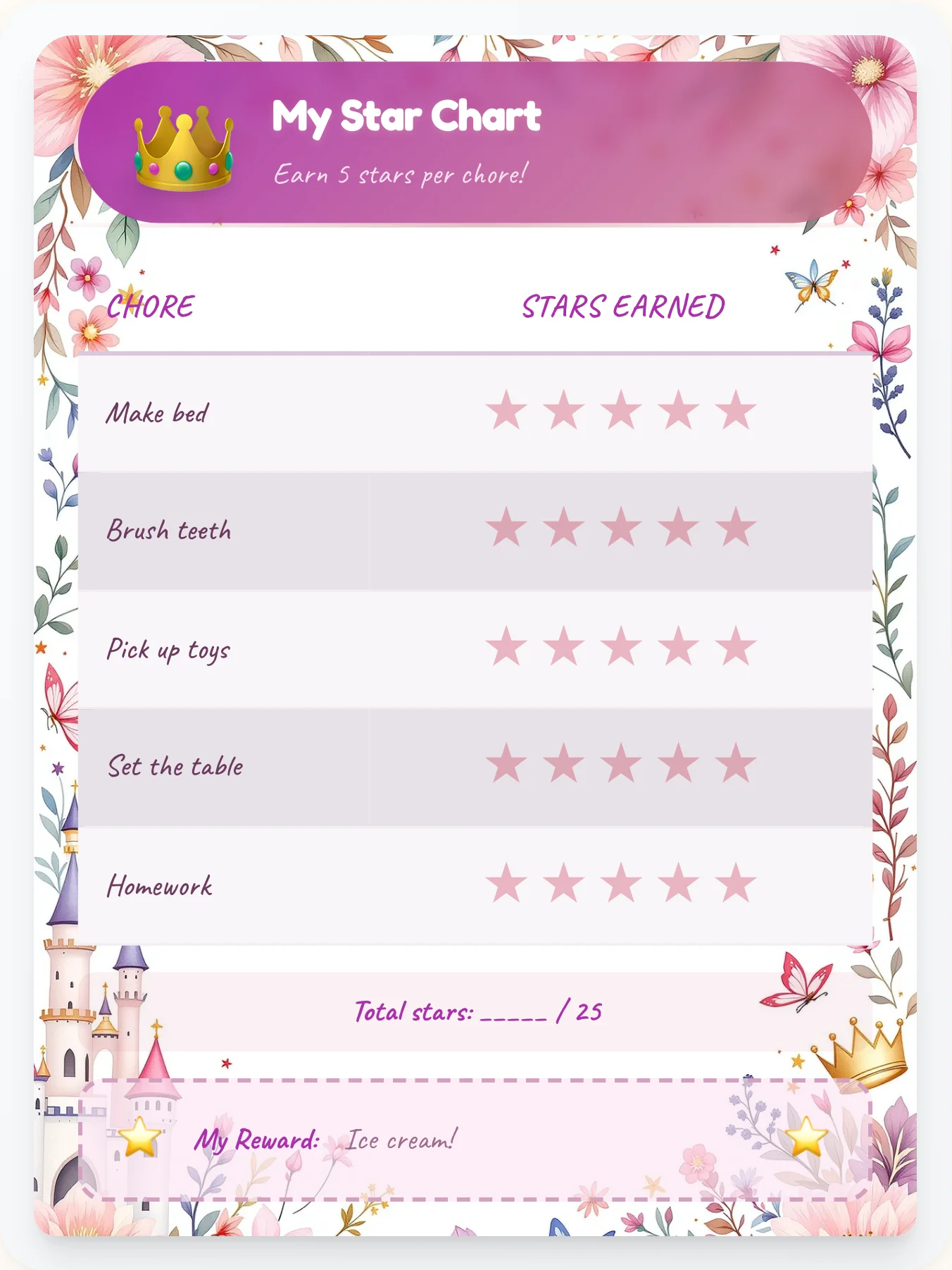 Whimsical Princess Star Tracker - printable princess chore chart